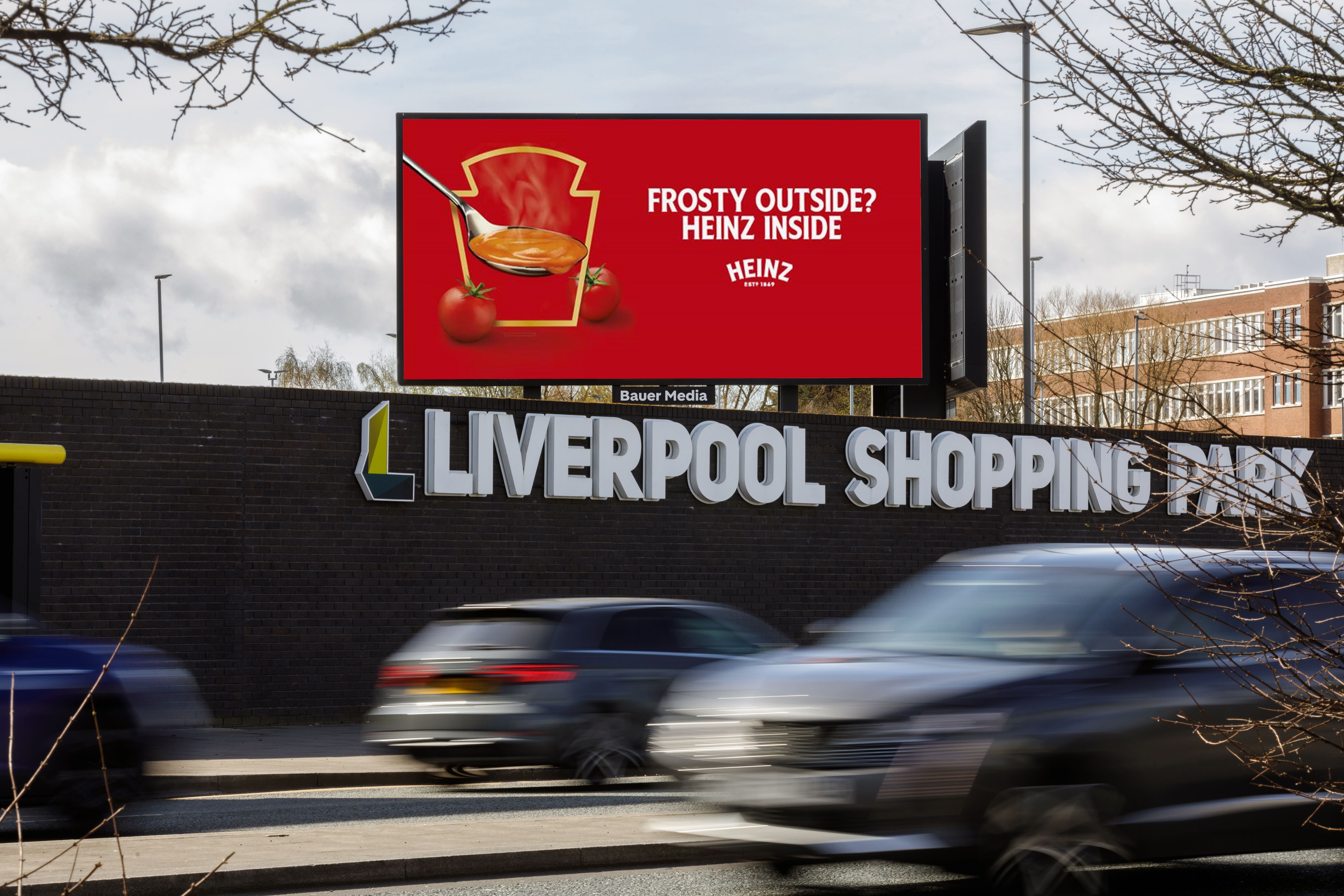 Large Liverpool based digital billboard advertising Heinz soup when it is frosty outside