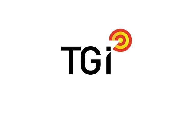 Logo with the letters TGI and a red and yellow target symbol integrated with the letter I.