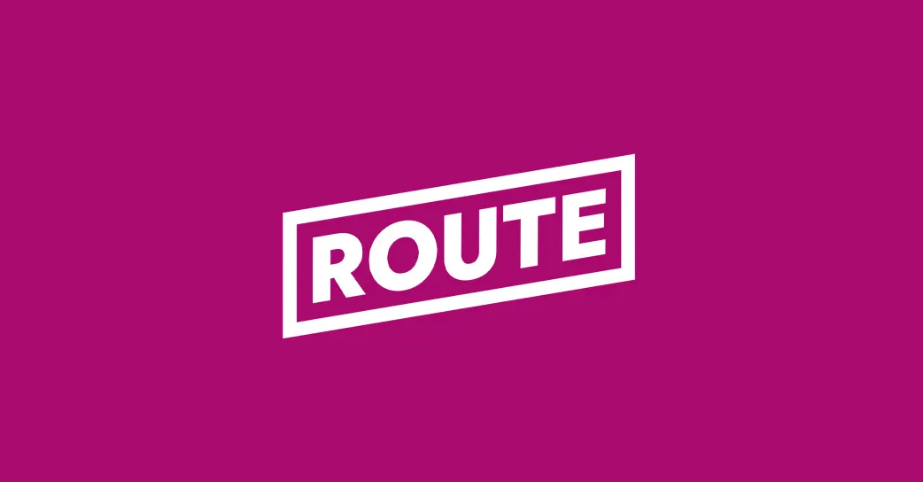 White text 'ROUTE' inside a tilted white rectangular border on a magenta background.