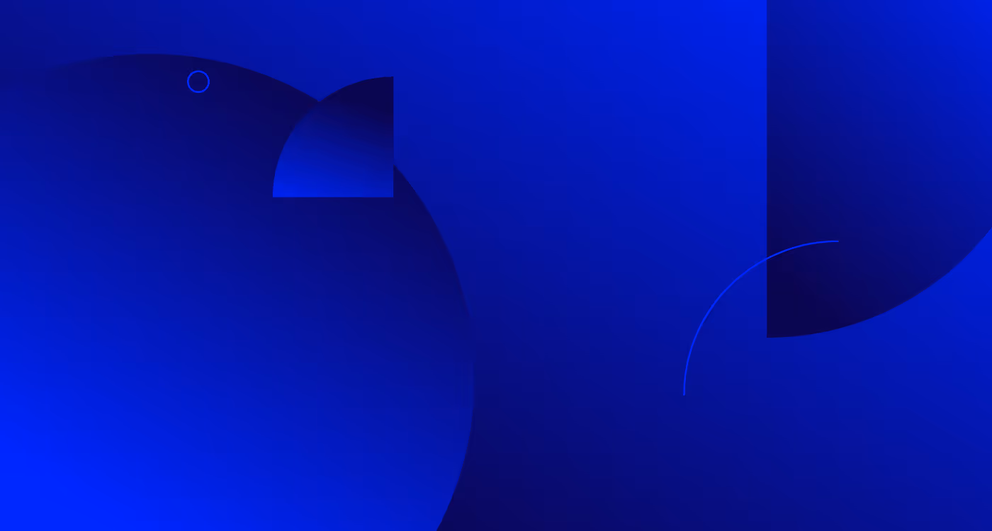 Abstract blue background with overlapping dark blue and light blue geometric shapes including circles, a square, and arcs.