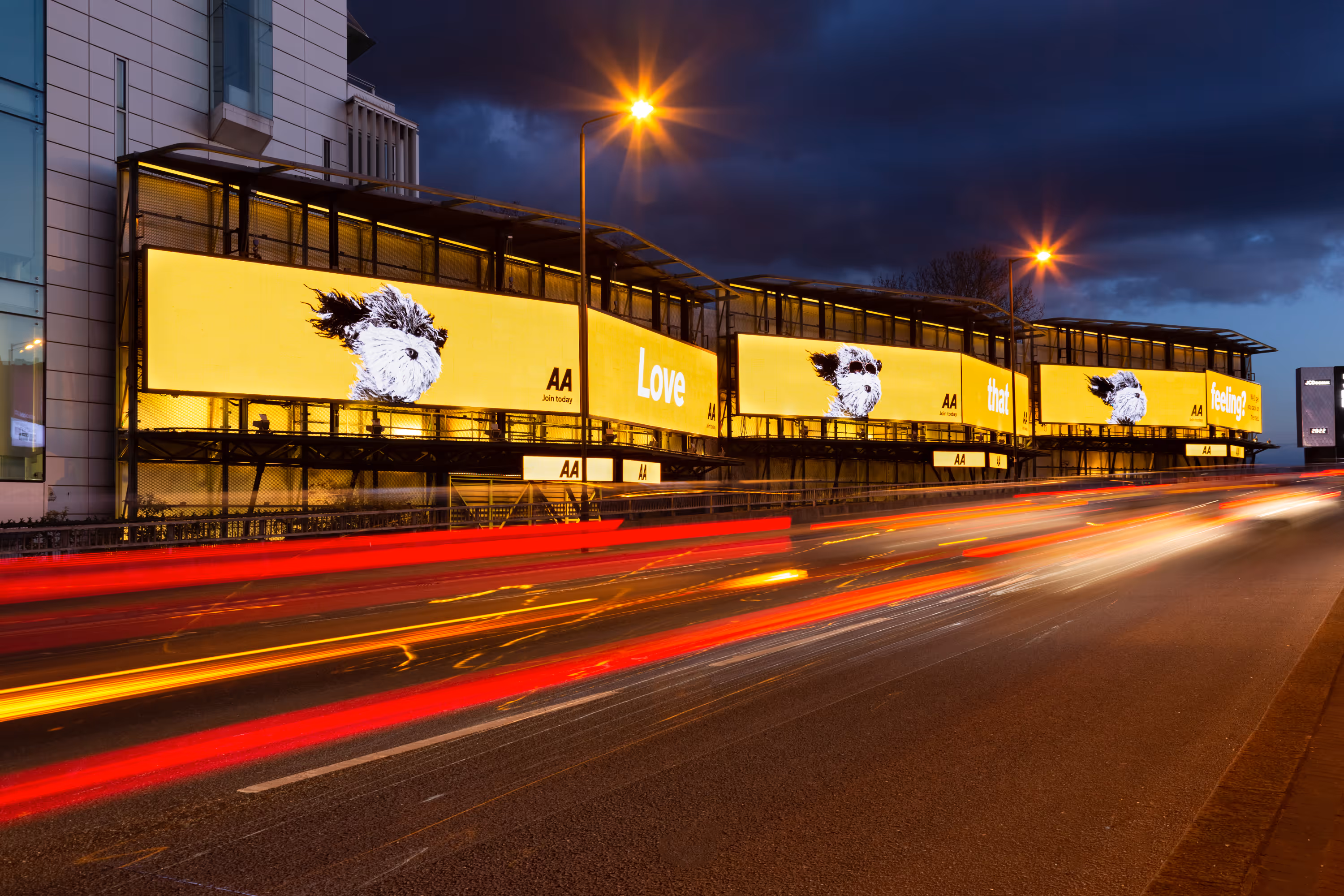 Three large yellow billboards along a highway at night with black and white dog illustrations and the words 'Love that feeling?'