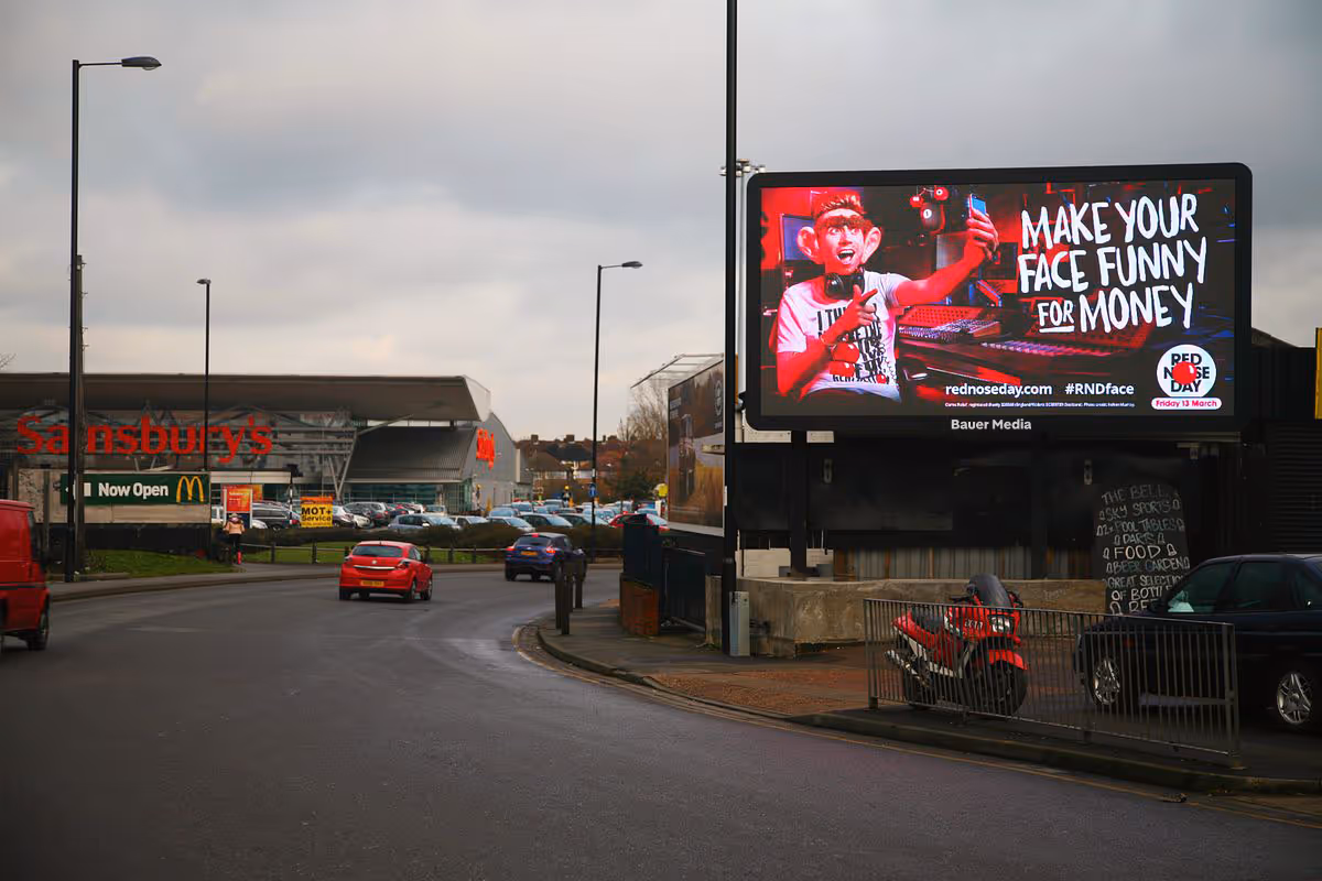 Digital billboard campaign displaying Red Nose Day