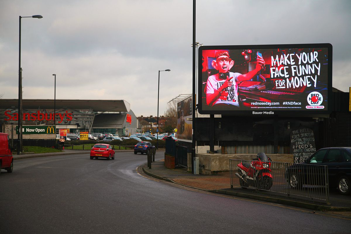 Digital billboard campaign displaying Red Nose Day