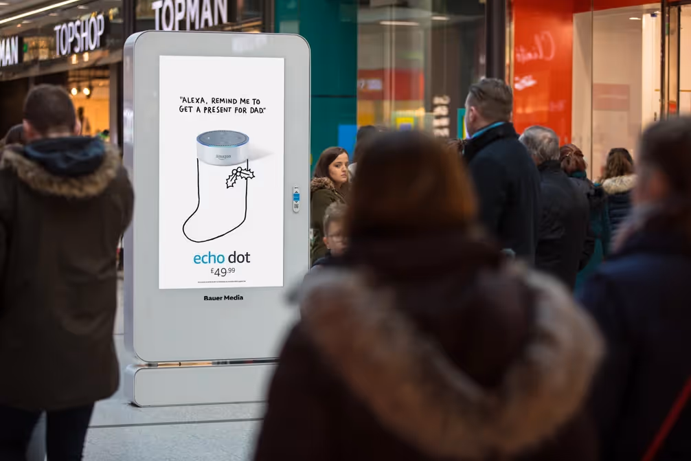 Amazon Alexa displaying on a shopping centre digital sccreen