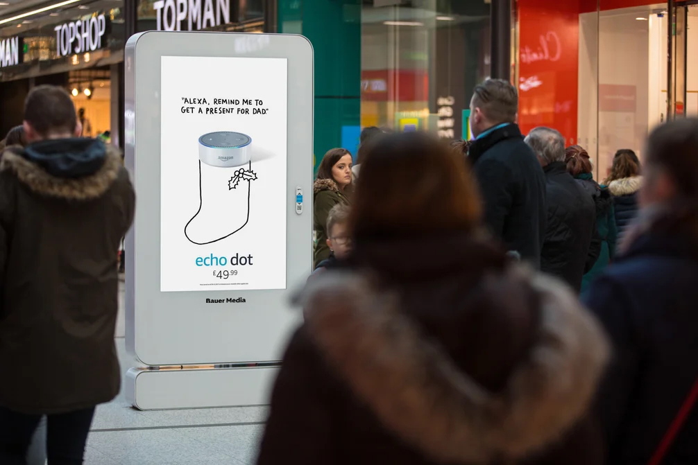 Amazon Alexa displaying on a shopping centre digital sccreen