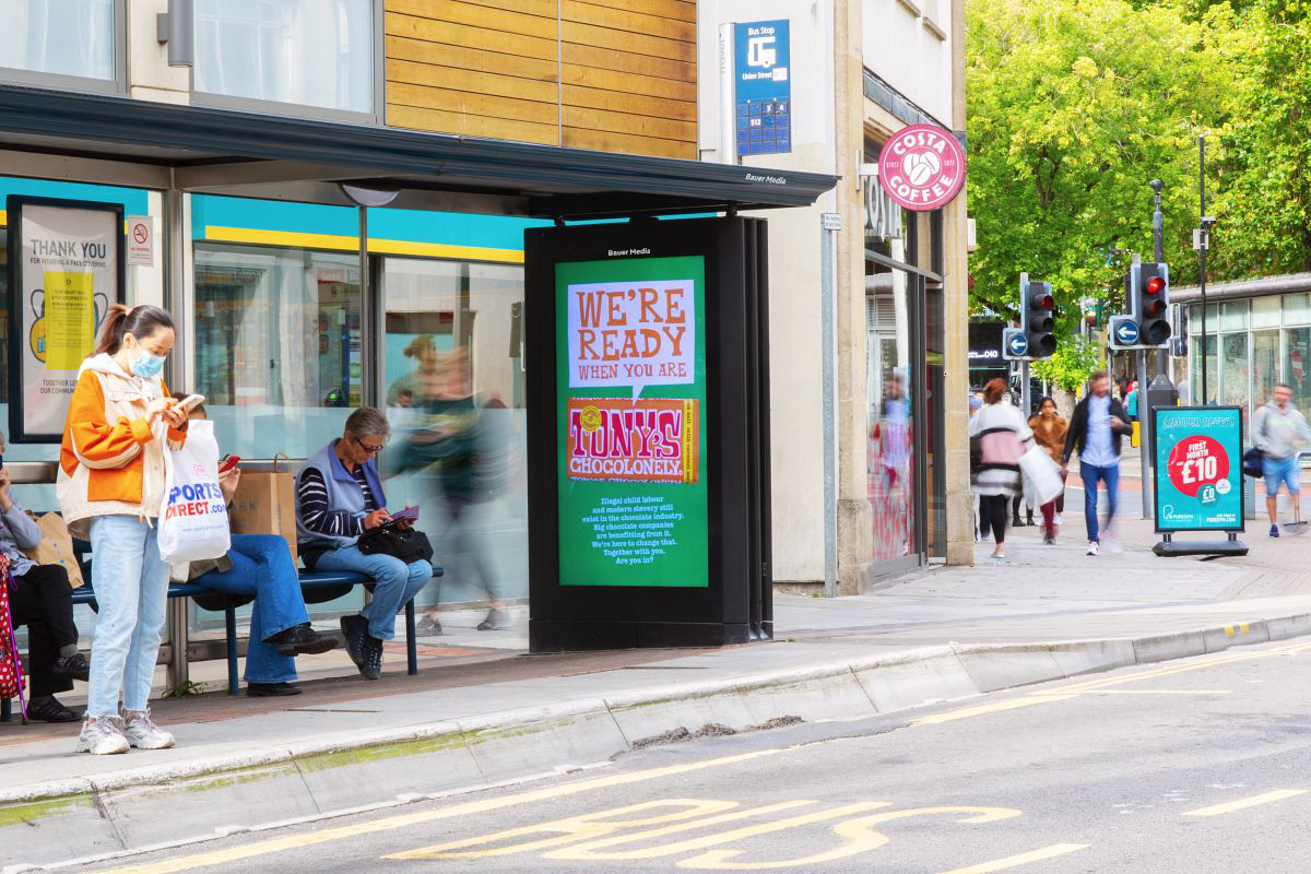 A chocolate campaign displaying on a digital bus shelter screen