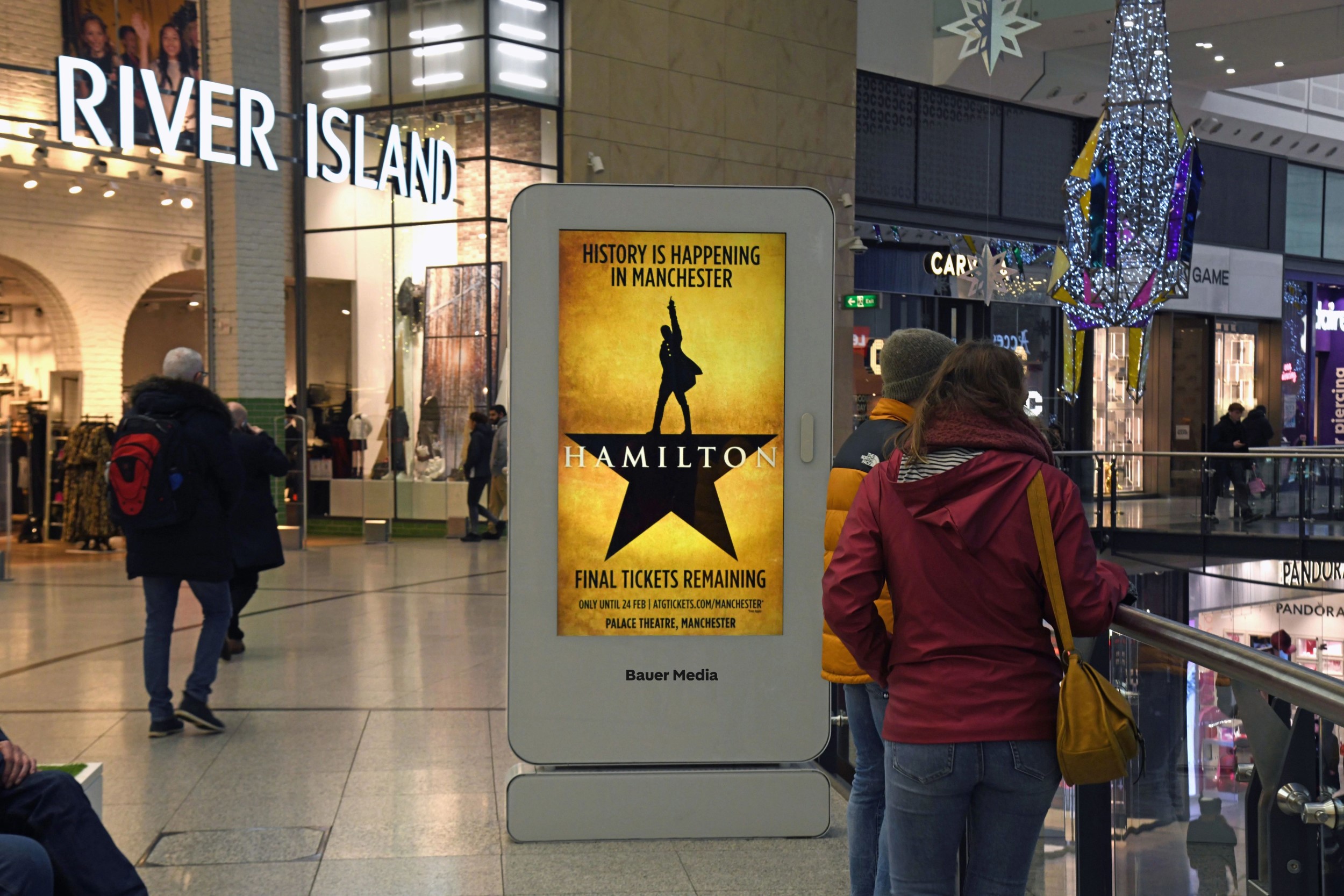 A Hamilton theatre ad campaign on Malls Live digital screen