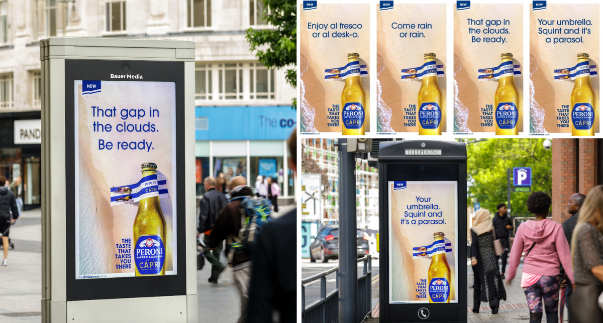 Advertising for Peroni Capri on the side of a payphone and a digital screen, during the day as pedestrians pass by