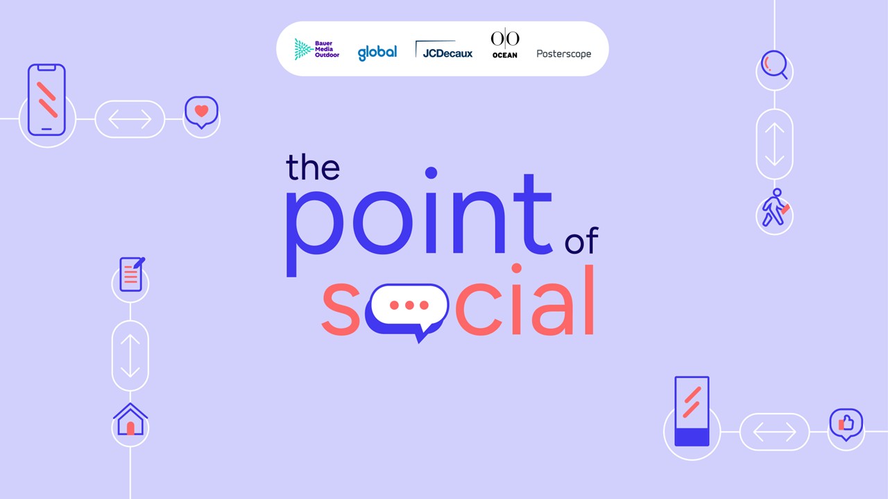 Logos for Bauer Media Outdoor, global, JCDecaux, Ocean, and Postercope on a lilac background with the Point of Social title and small limagery.