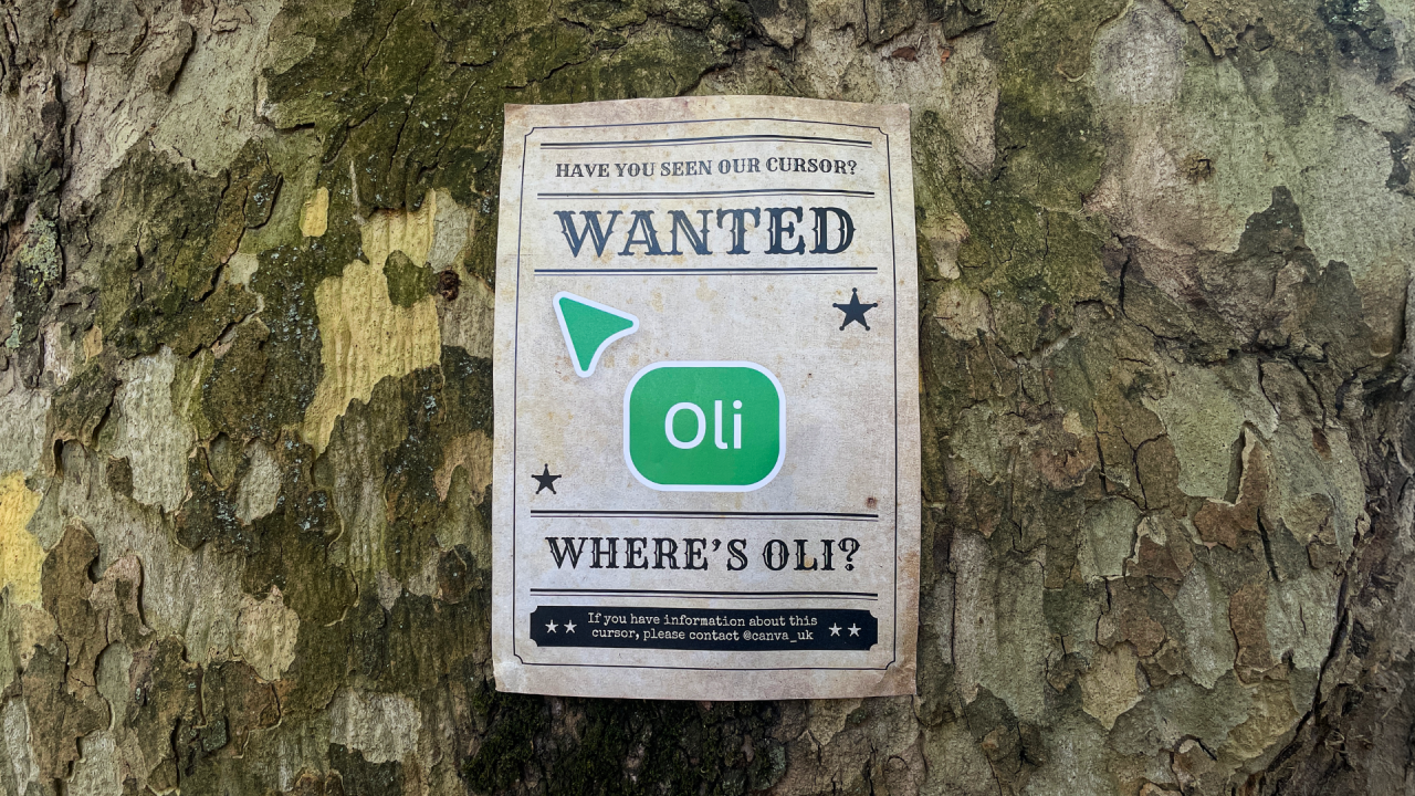 A Canva A4 poster on a tree with text reading where's oli