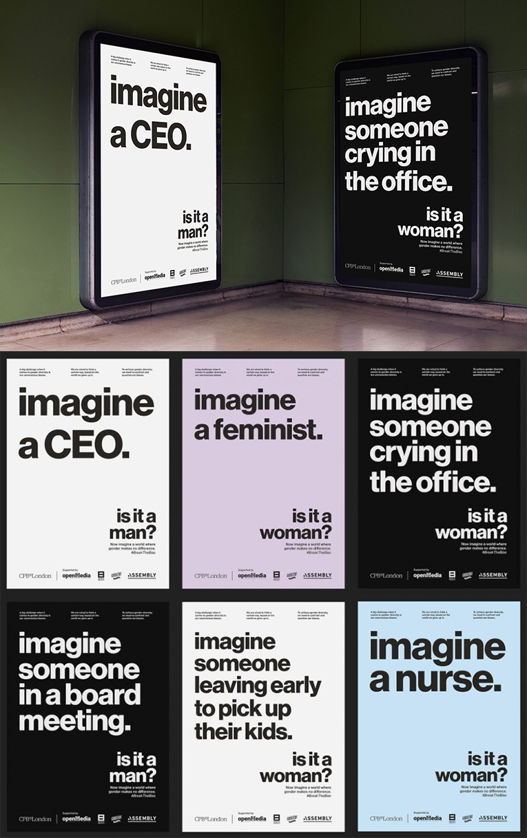 Two screens with slogans - imagine a CEO - imagine someone crying in the office for CPB London campaign