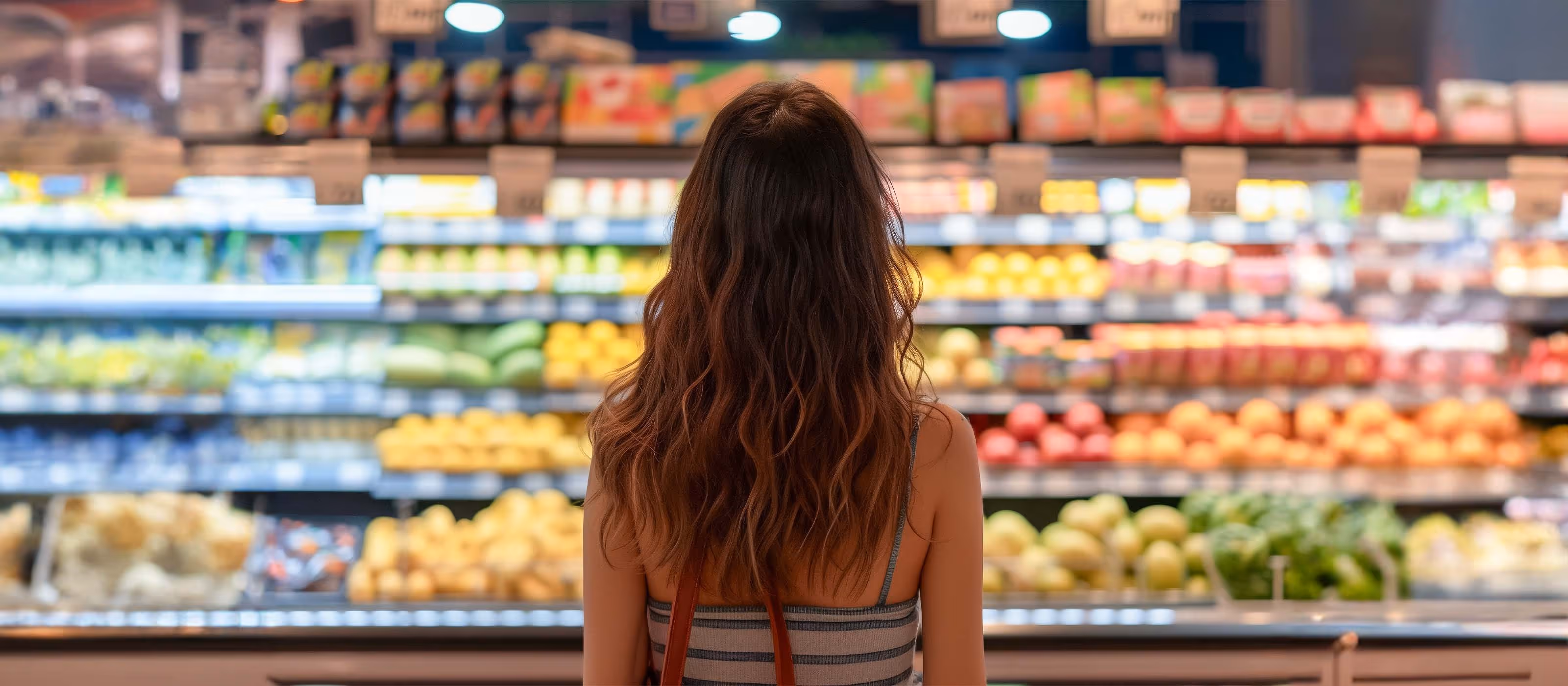 A lady with long brown wavy hair standing in front of the fruits and vegetable aisle.