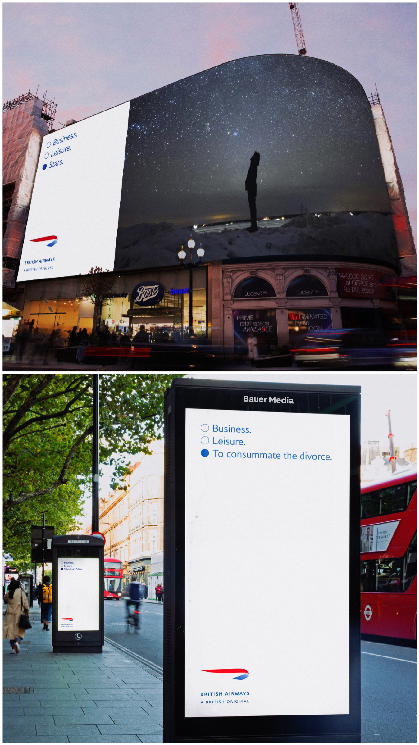 A collage of British Airways outdoor adverts, including a large curved billboard showing a person under a starry sky and street posters with minimalist “Business, Leisure” travel-message copy in London.
