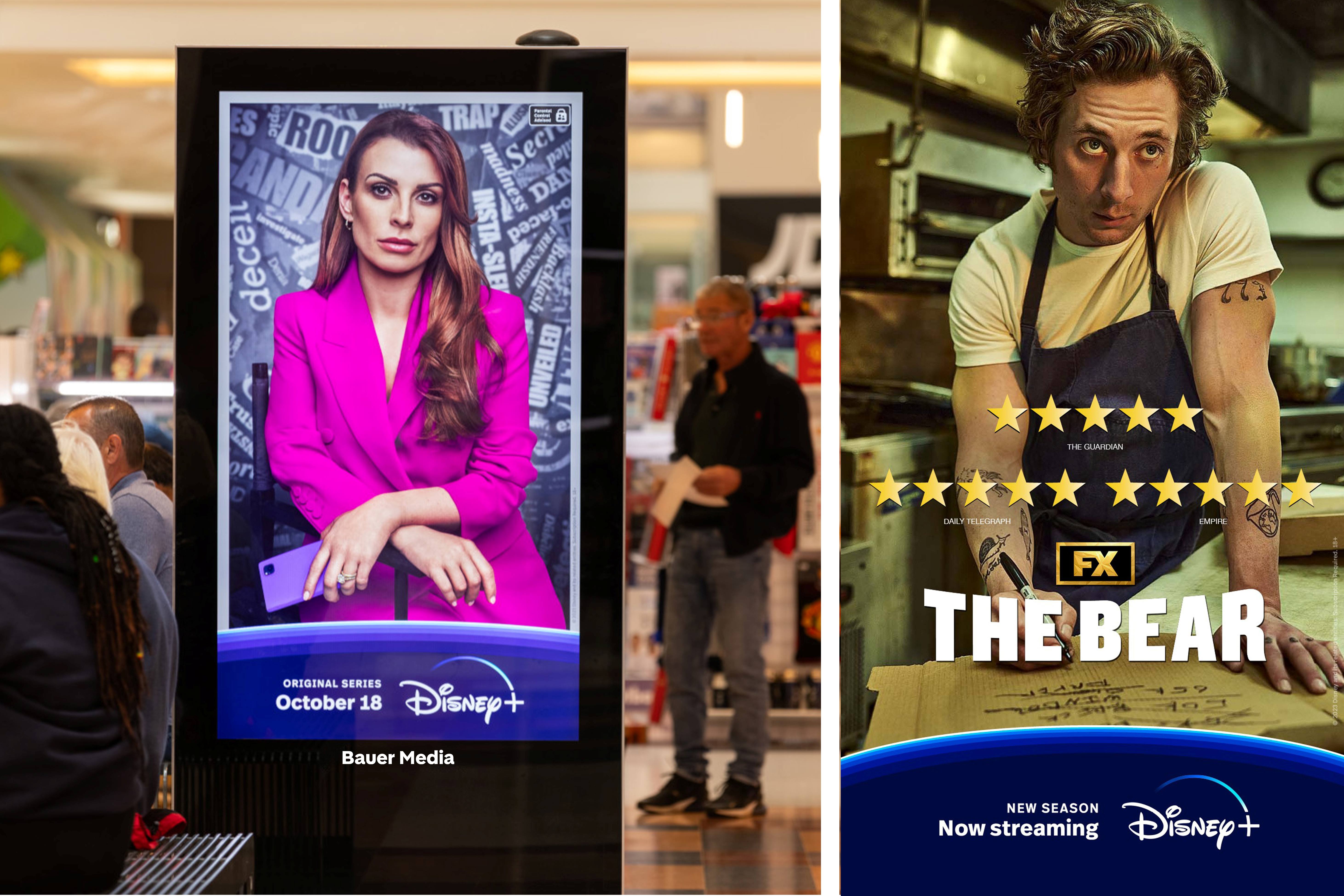 A split promotional image showing a Bauer Media digital advertising screen in a shopping centre displaying a Disney+ series advert, alongside a large poster for The Bear with star ratings and Disney+ branding.