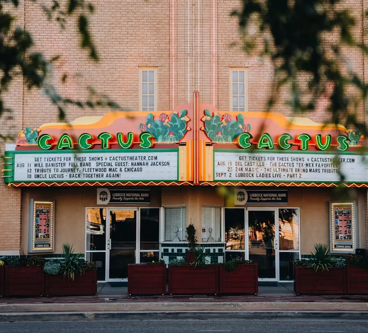 Front view of the Cactus Theater with neon cactus signs and upcoming show listings on marquee.