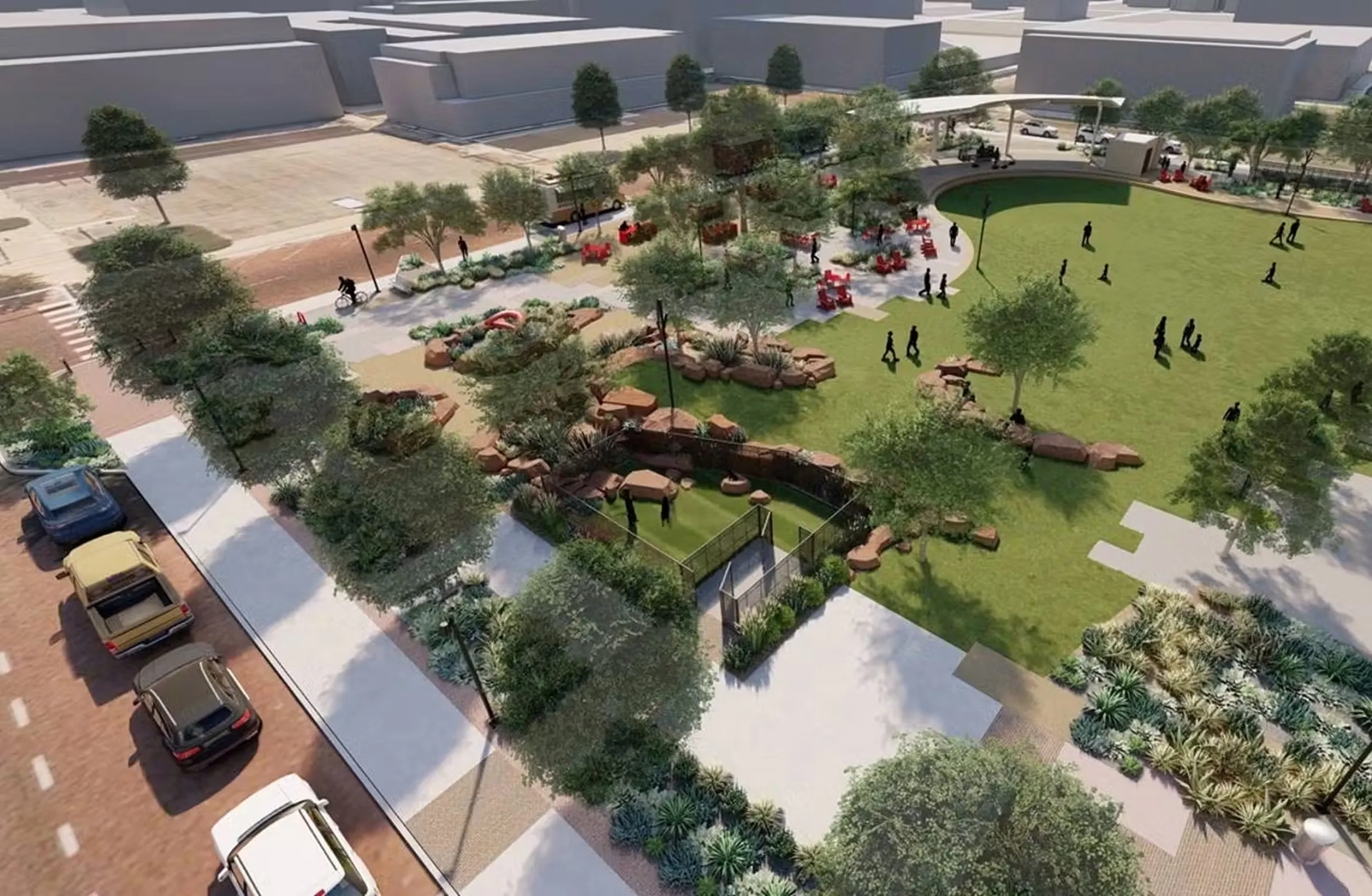 Aerial rendering of an urban park with a lawn, paths, trees, plaza seating, and a street with parked cars.