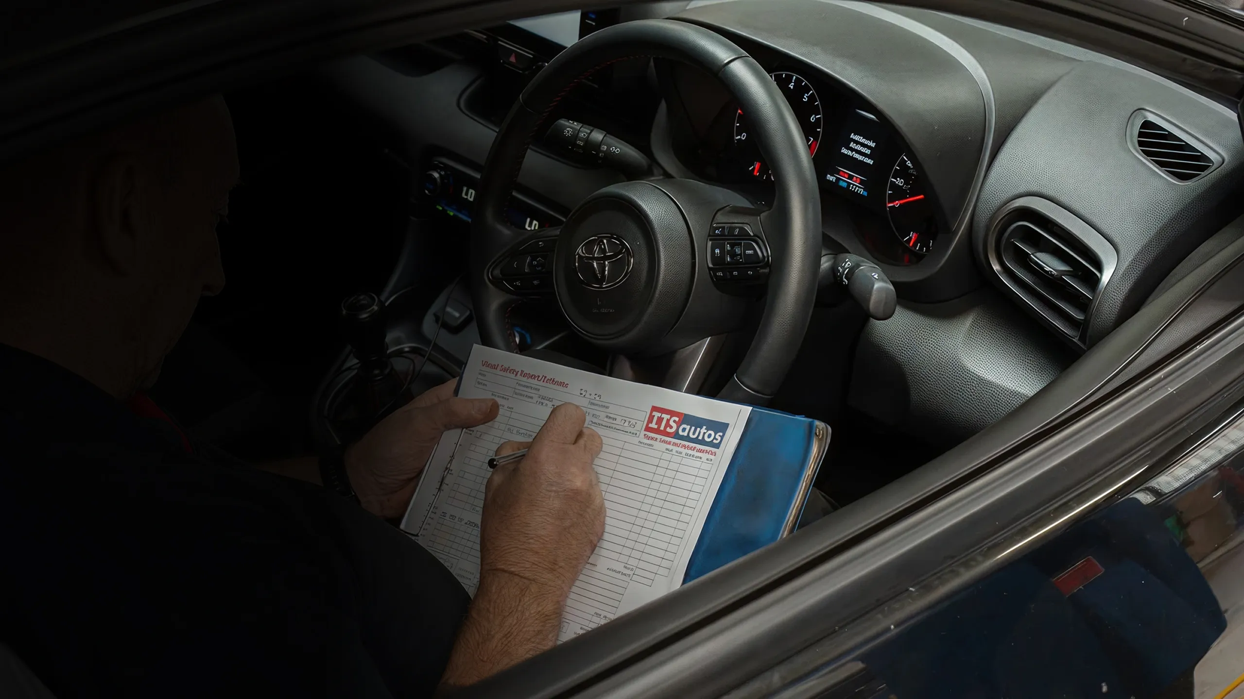 Person sitting inside a Toyota car writing on an ITS autos vehicle safety report clipboard.