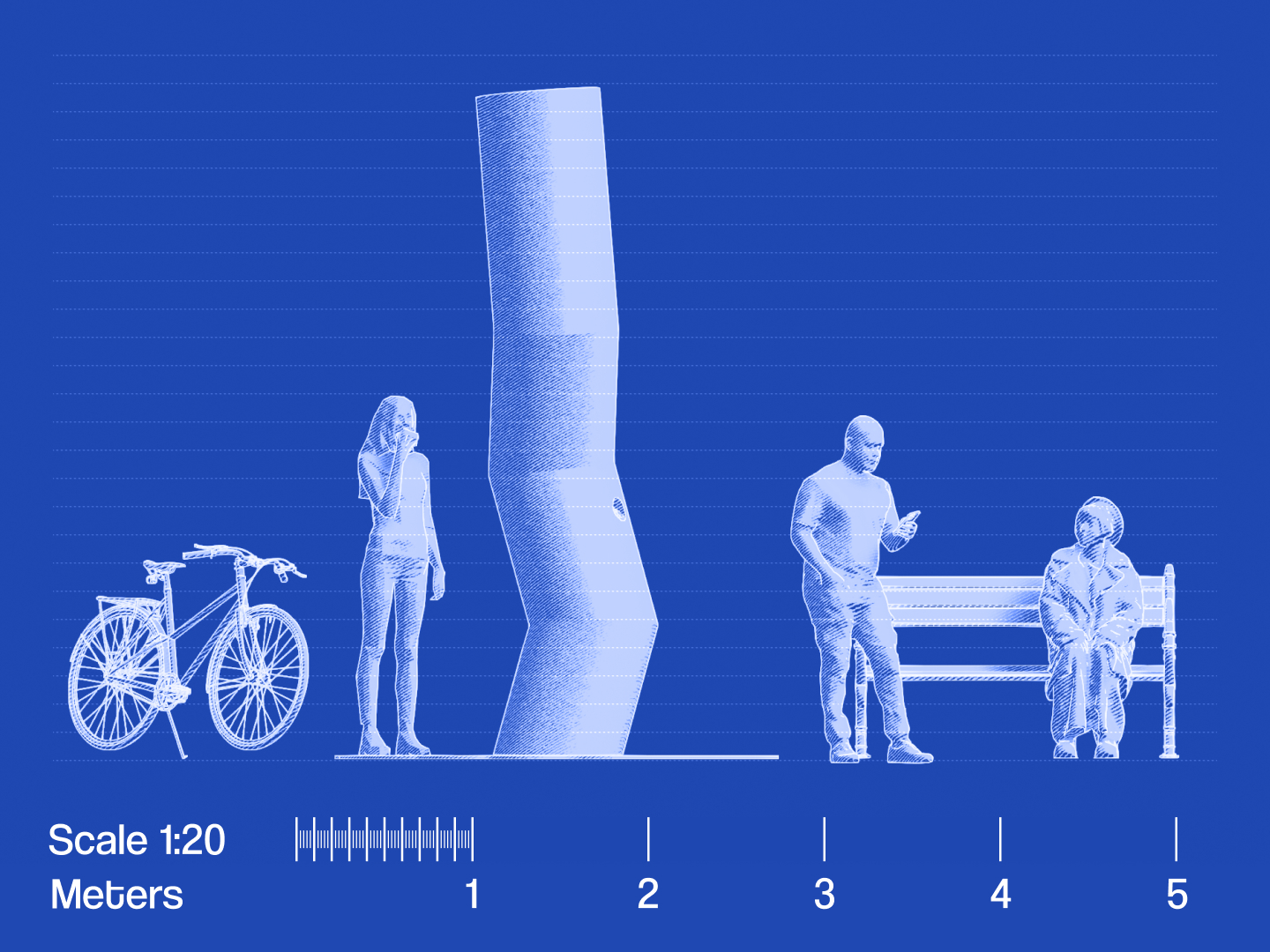 Blueprint-style image showing a bicycle, a standing woman, the smoke signal machine, a man looking at a phone, and a seated woman on a bench with a scale at the bottom.