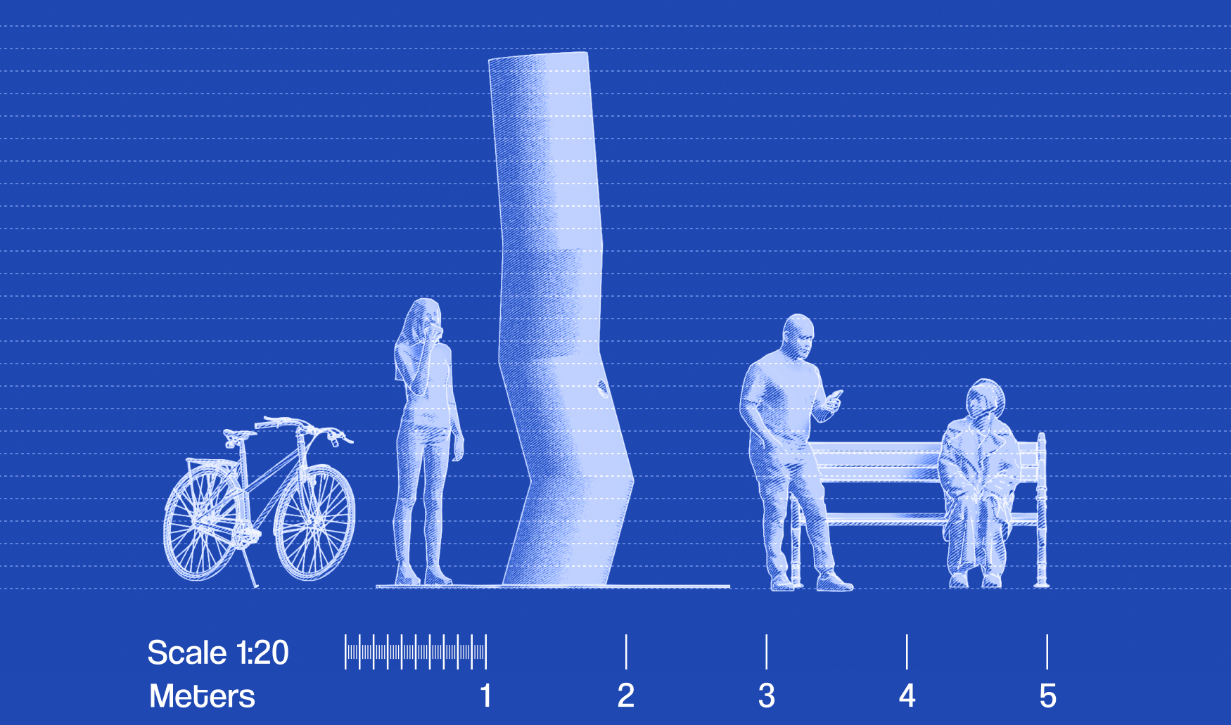 Blueprint-style image showing a bicycle, a standing woman, the smoke signal machine, a man looking at a phone, and a seated woman on a bench with a scale at the bottom.