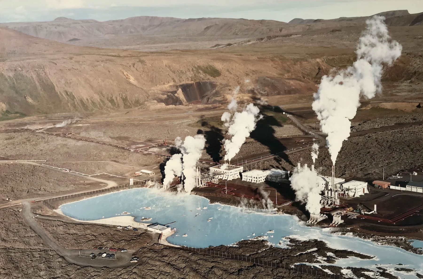 The blue water formed around the power plant