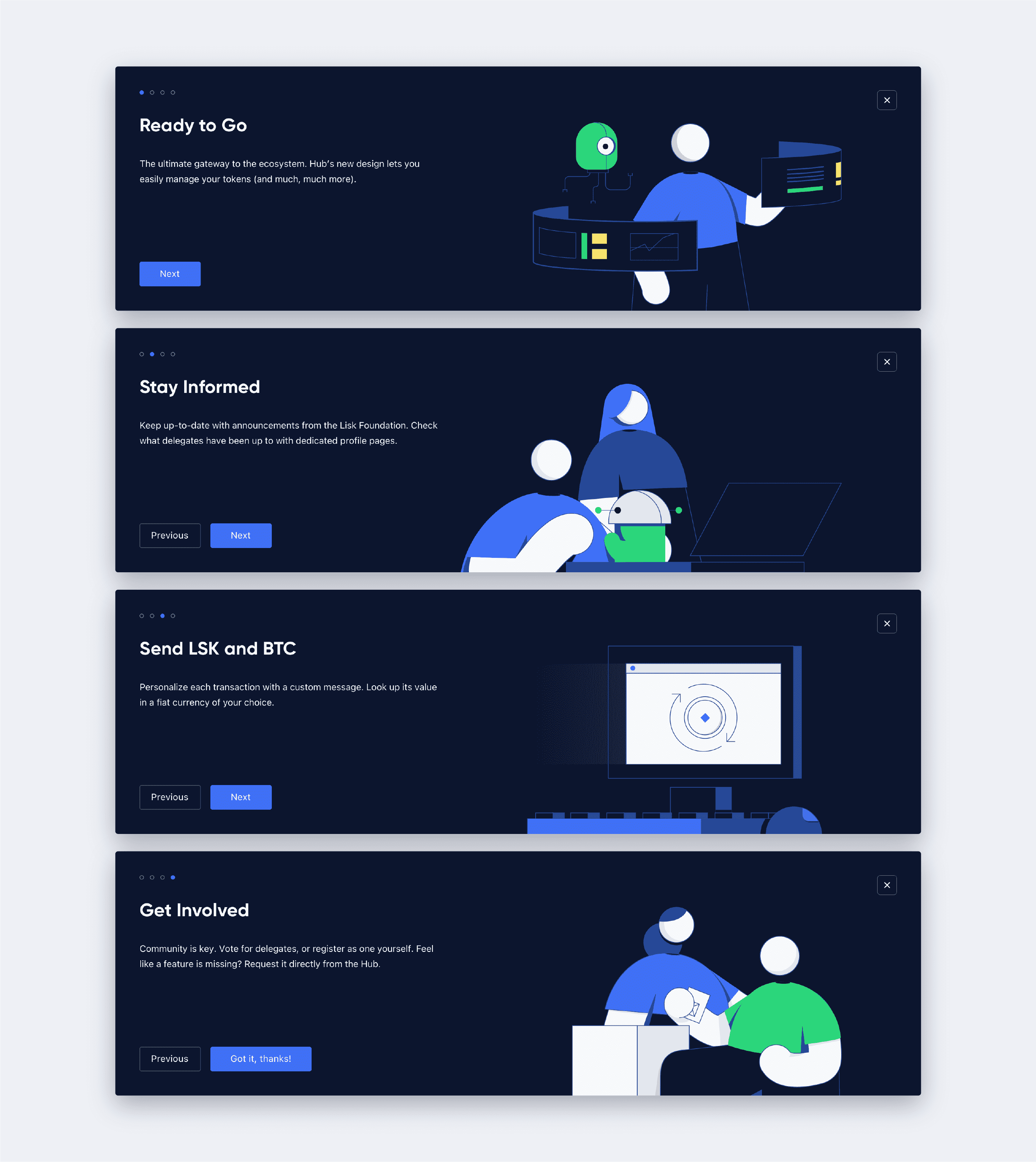 Lisk Hub, dashboard onboarding illustrations
