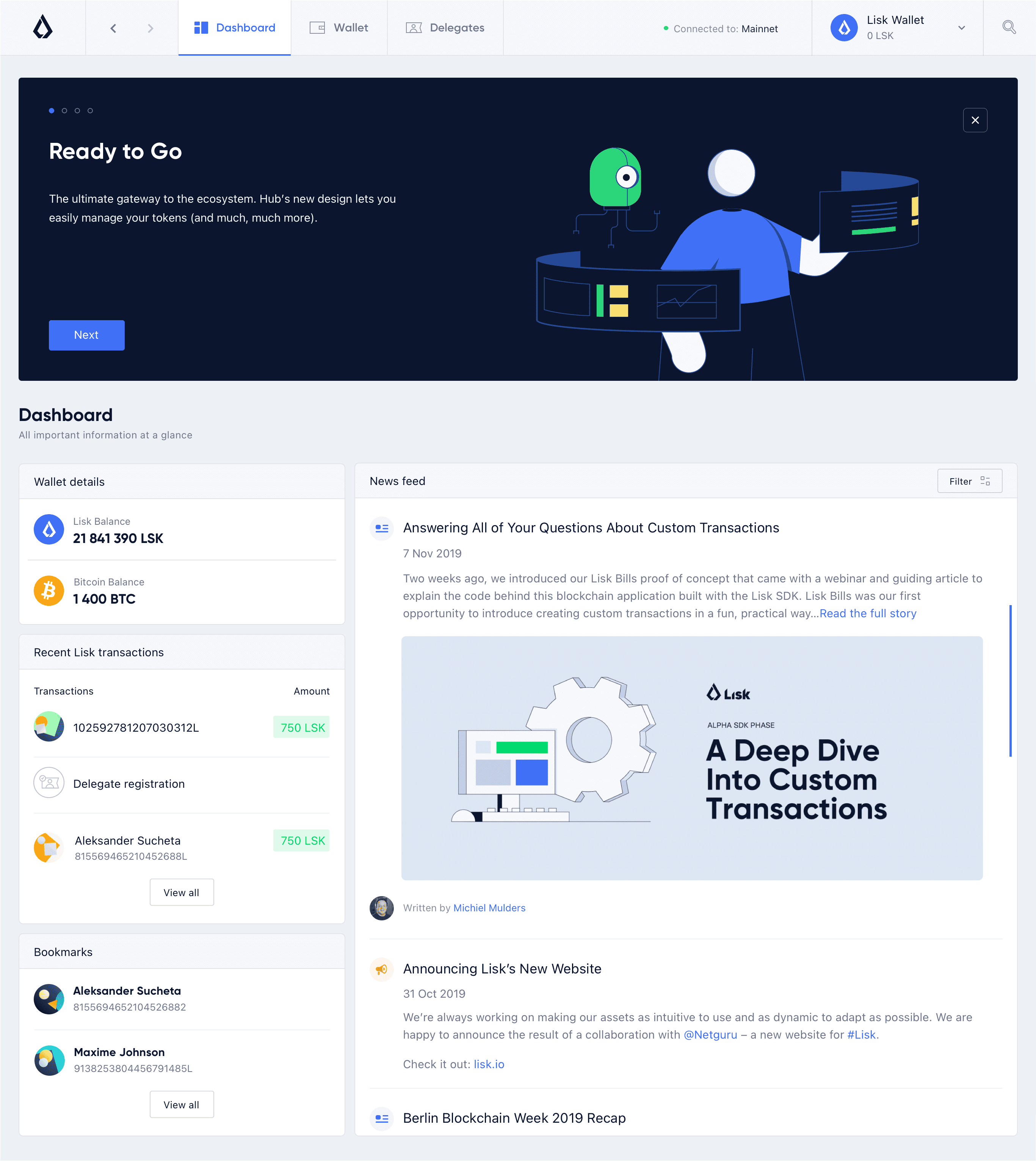 Lisk Hub, dashboard page design