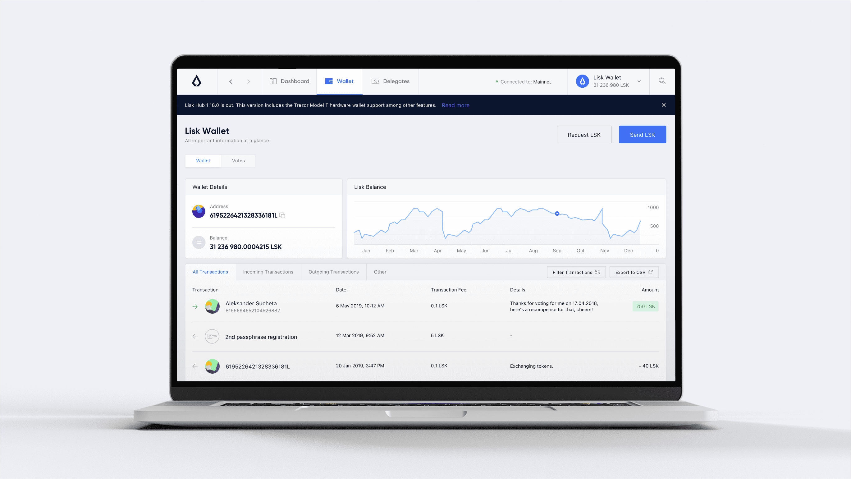 Lisk Hub, mockup of wallet page in a laptop