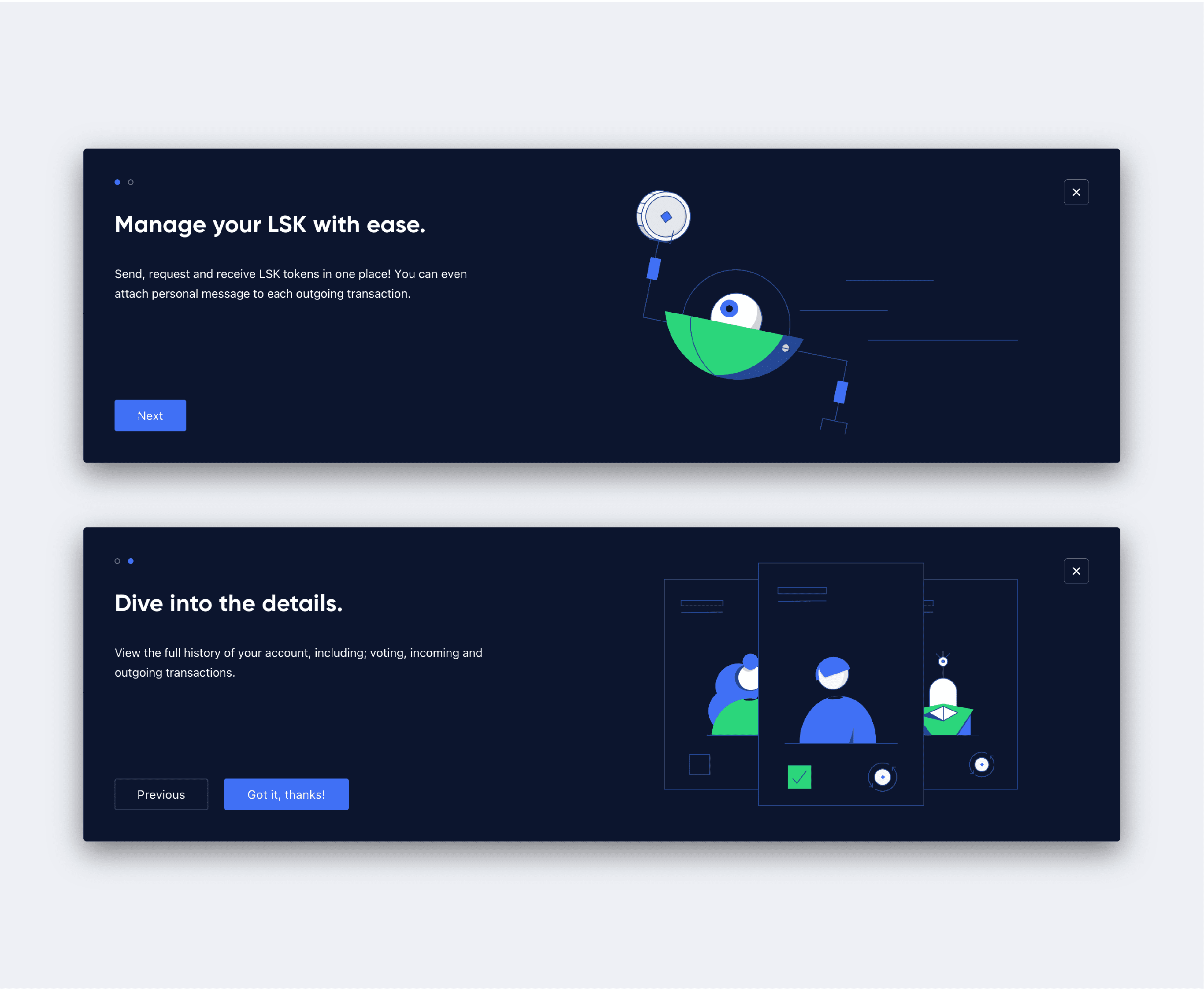 Lisk Hub, wallet onboarding illustrations