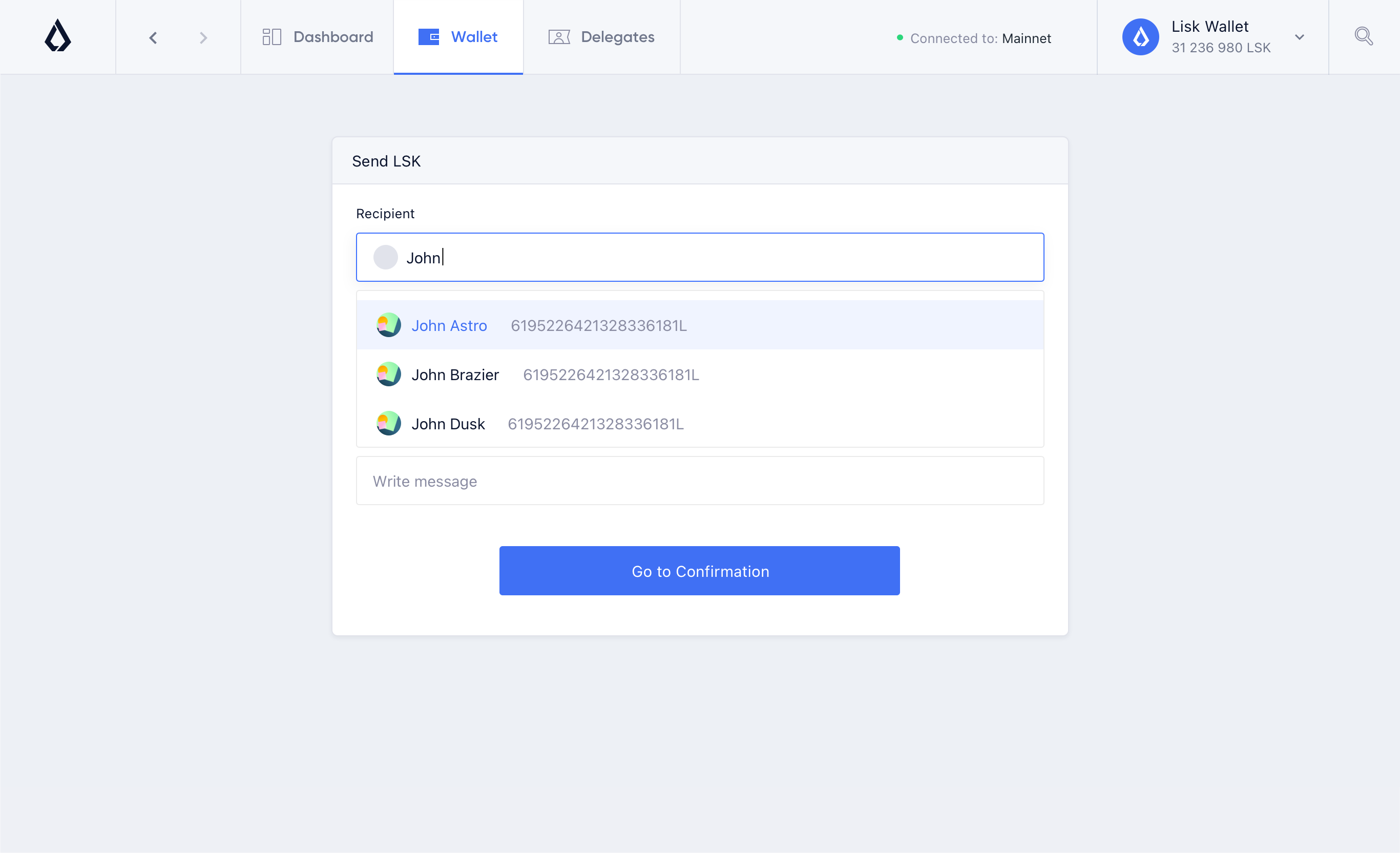 Lisk Hub, suggested transaction bookmarks page design