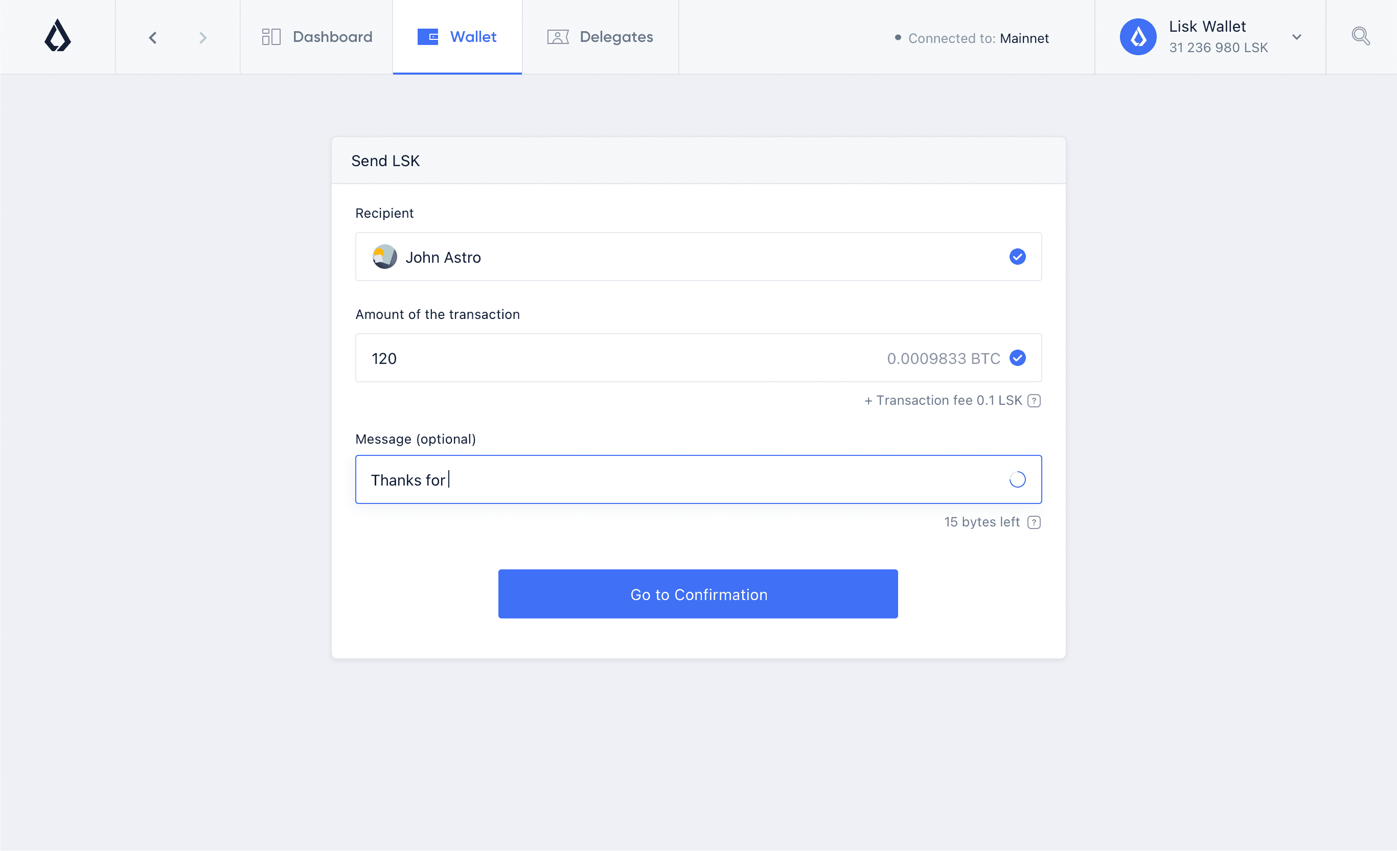 Lisk Hub, active message in transaction page design