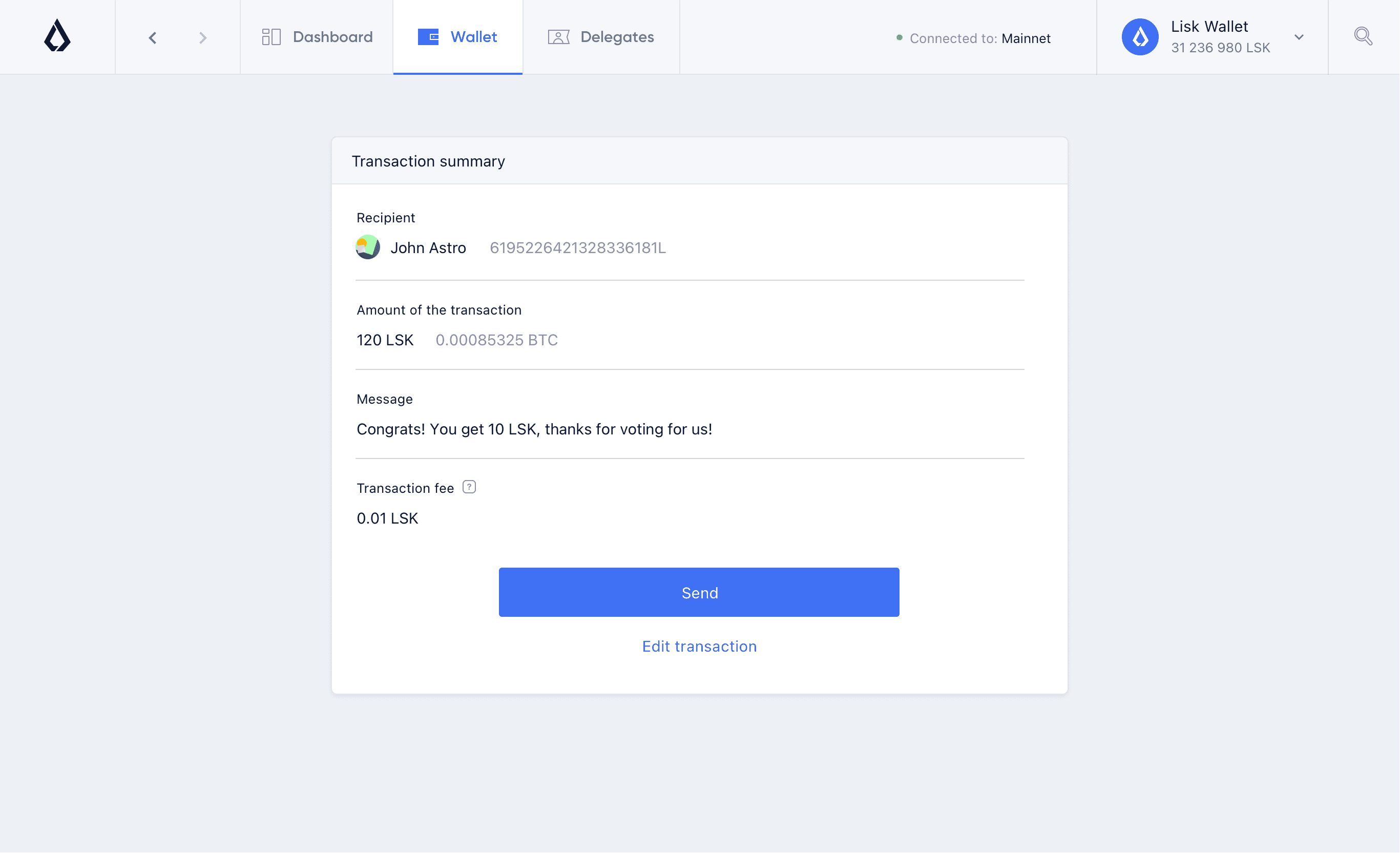 Lisk Hub, transaction summary page design