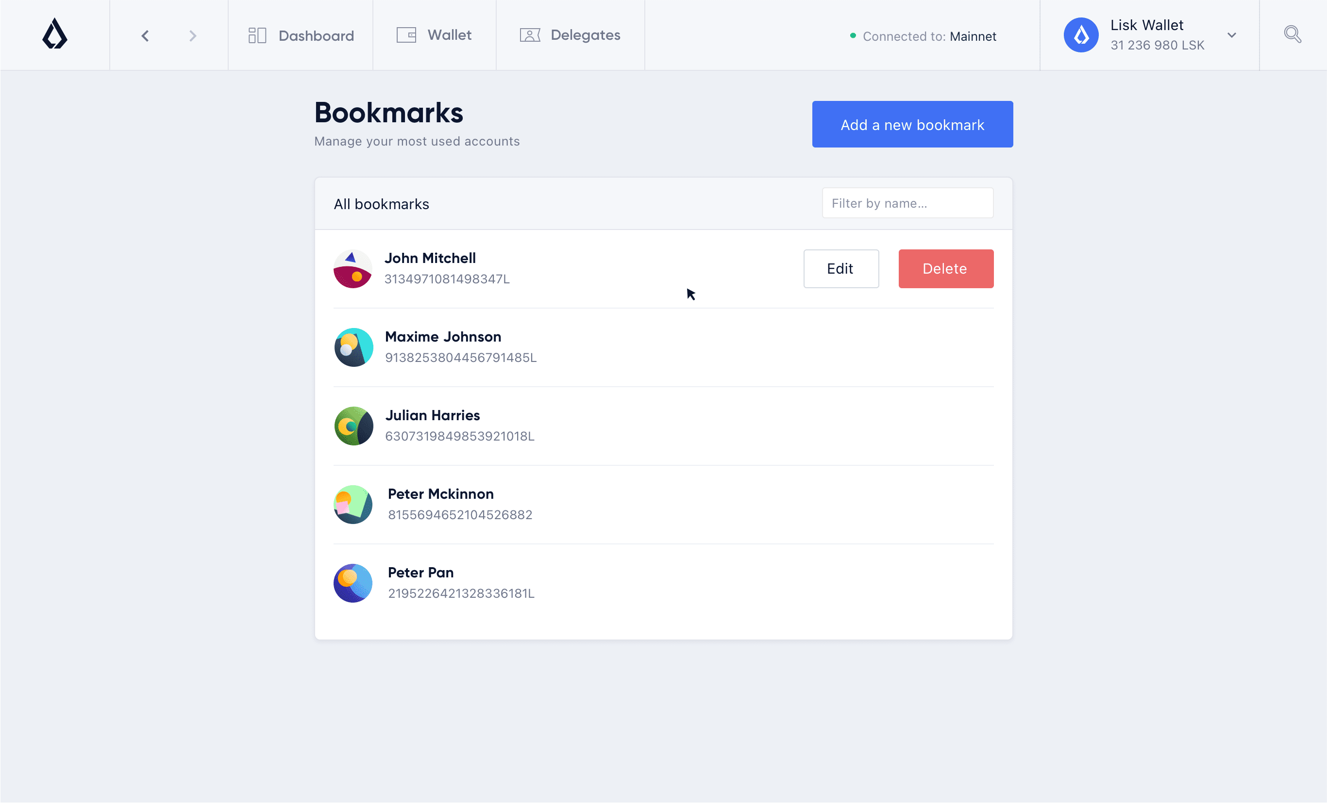 Lisk Hub, populated bookmarks page design
