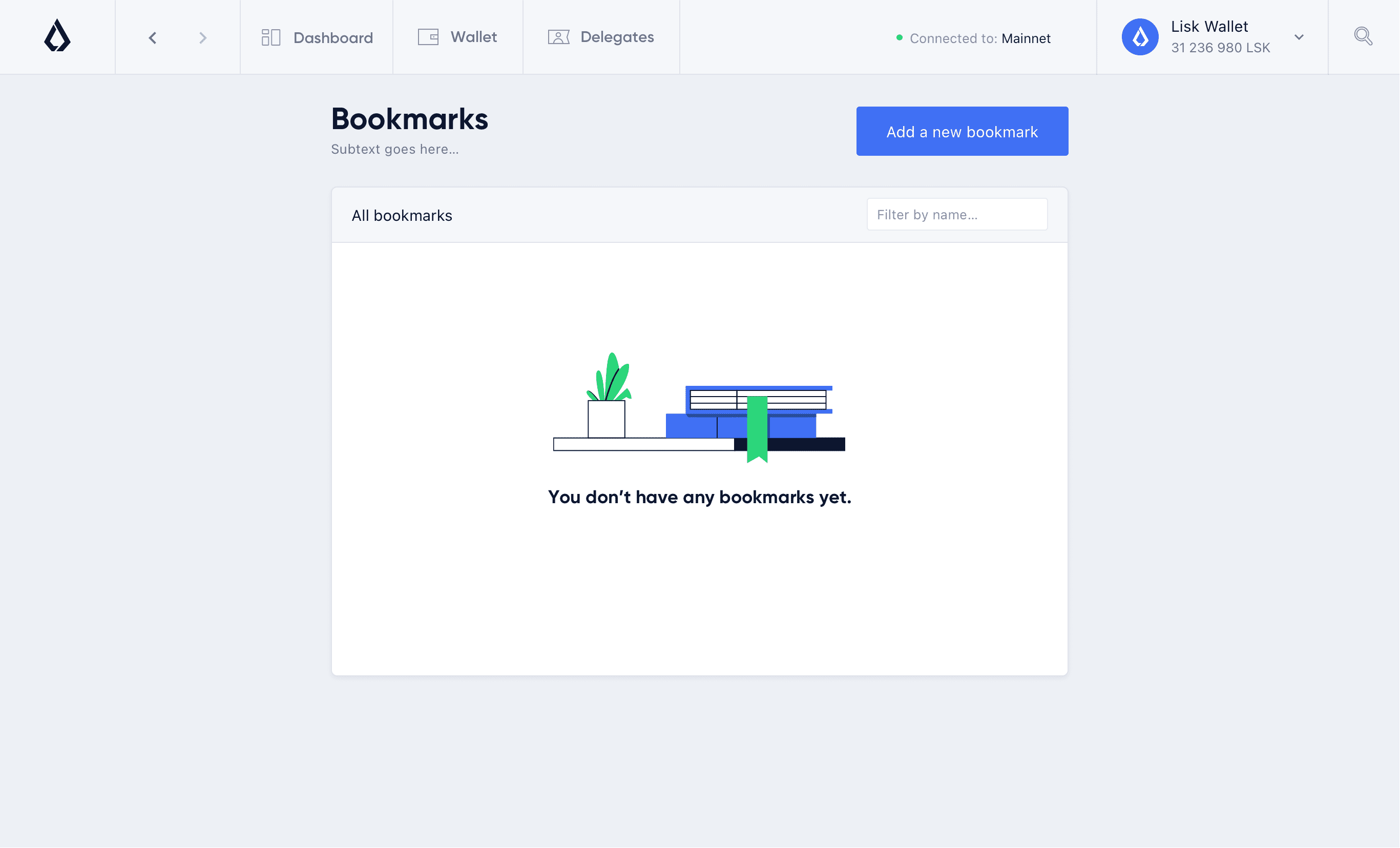 Lisk Hub, empty booknmarks page design