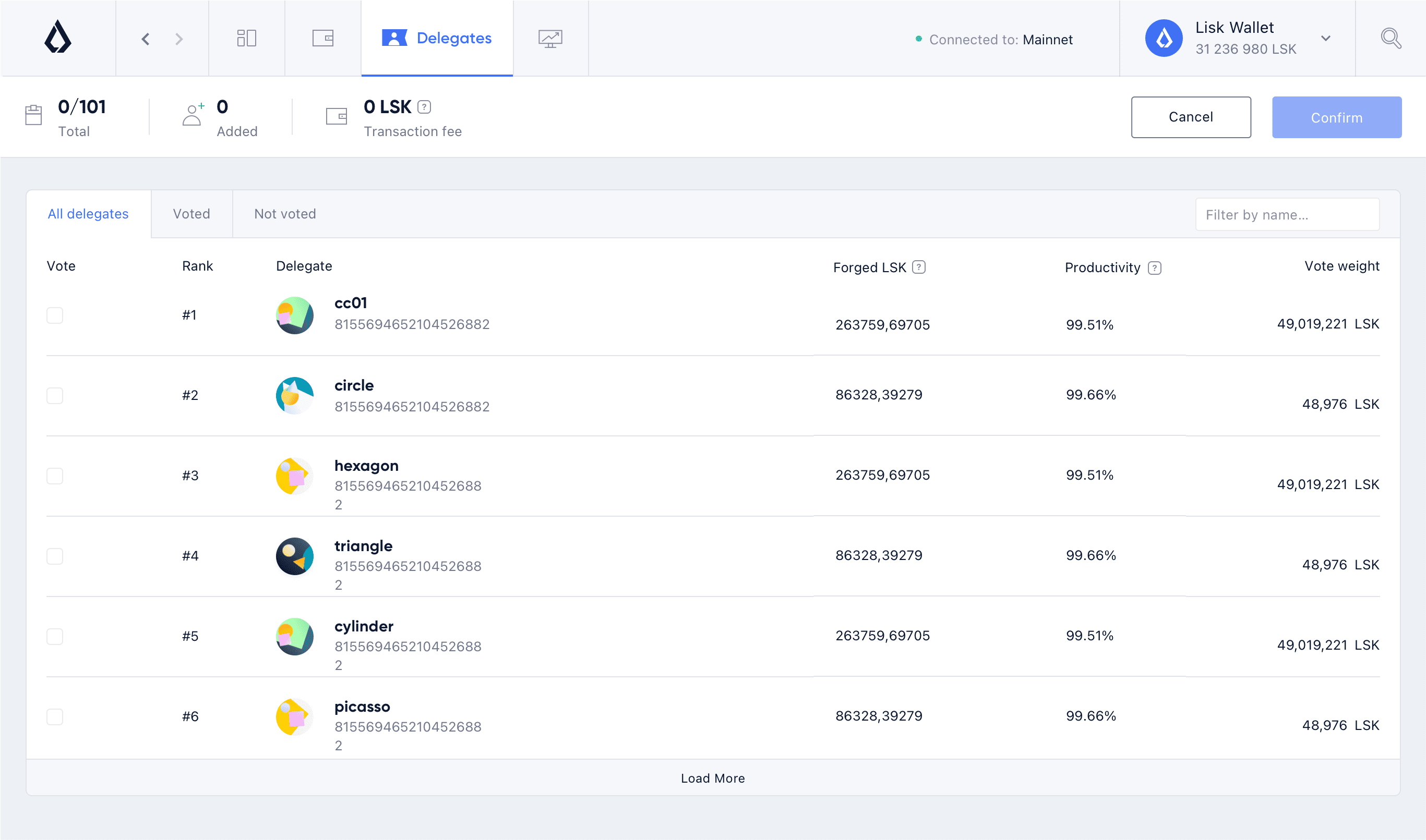 Lisk Hub, delegates voting page design