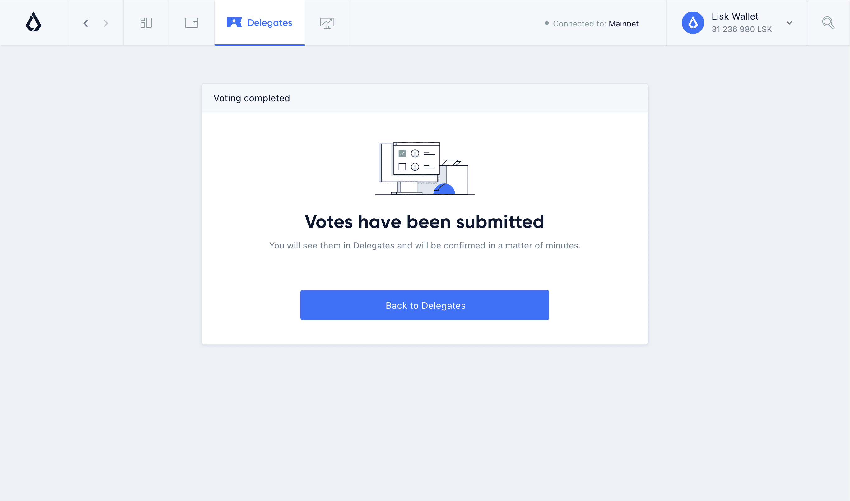 Lisk Hub, delegates voting confirmation page design