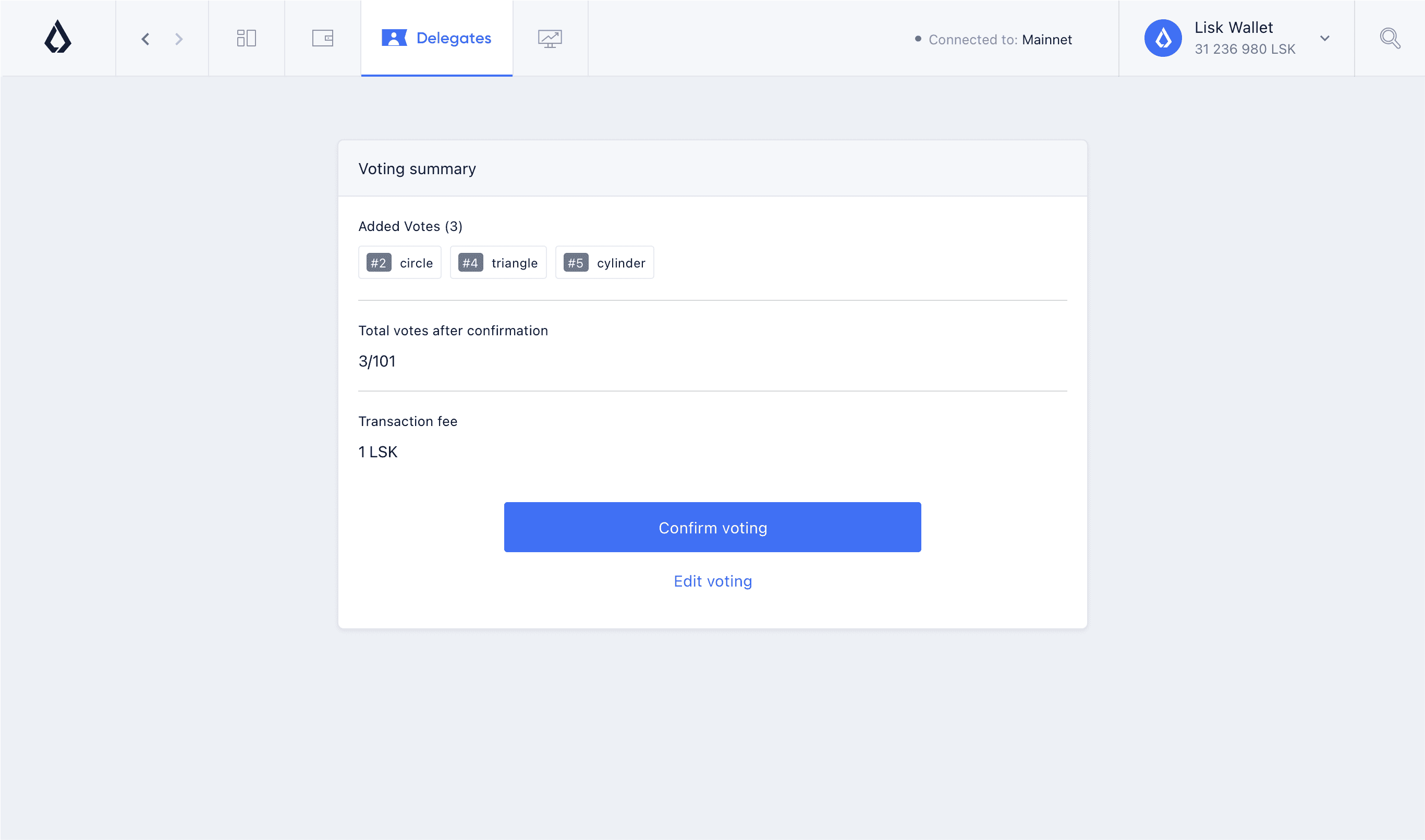 Lisk Hub, delegates voting summary page design
