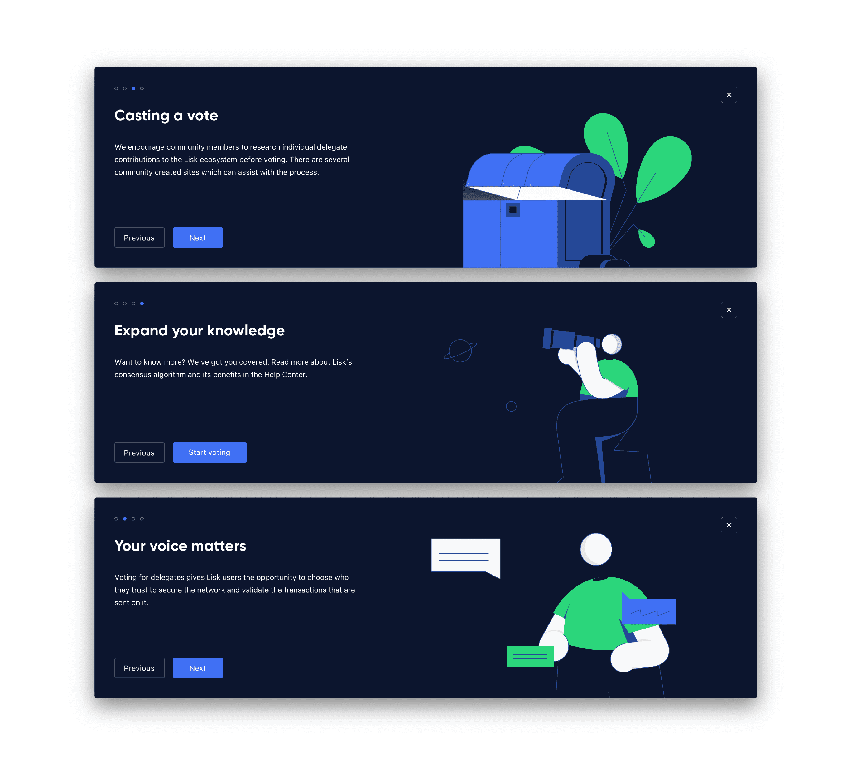 Lisk Hub, delegates onboarding illustrations