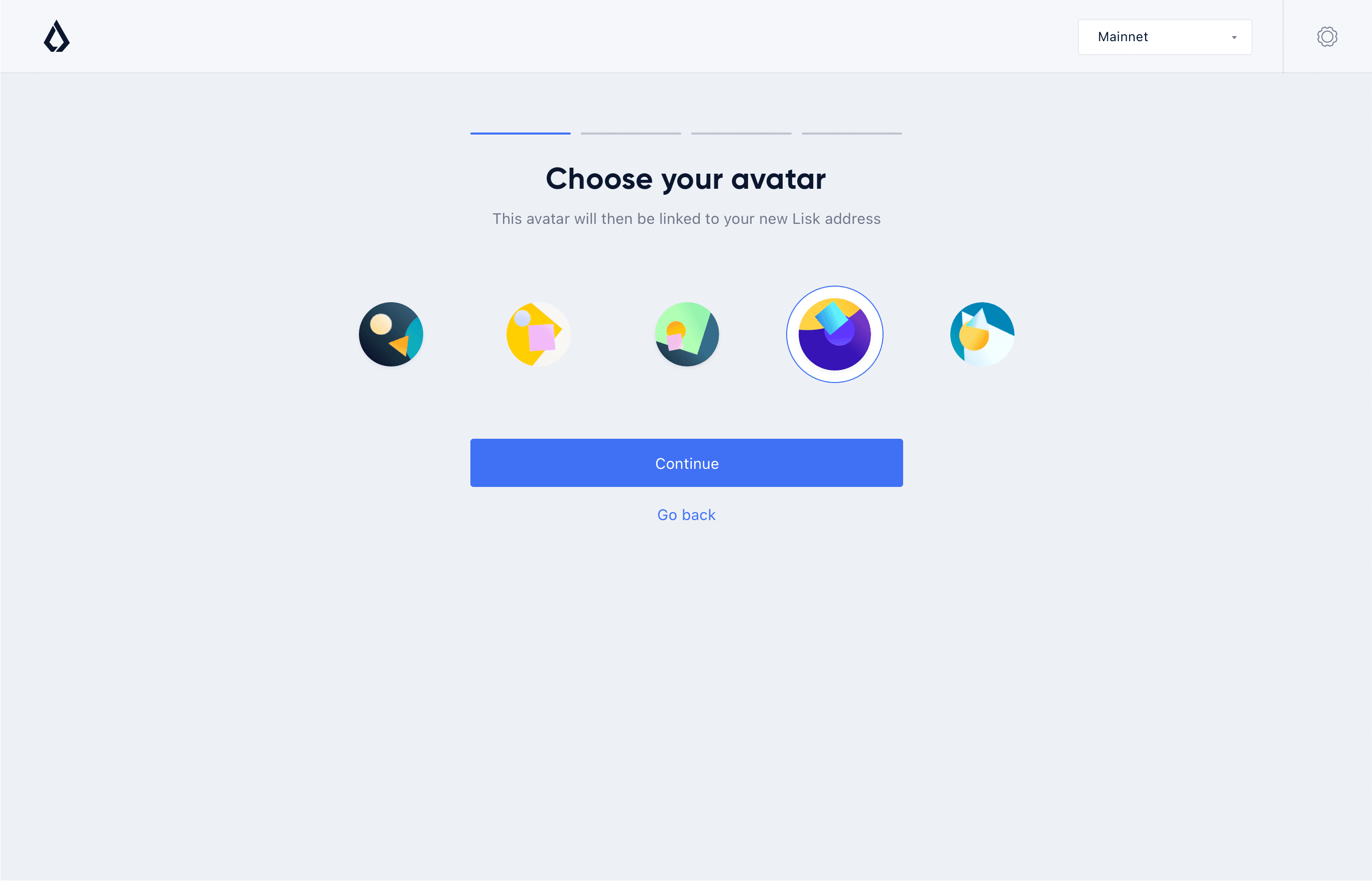 Lisk Hub, account creation avatar page design