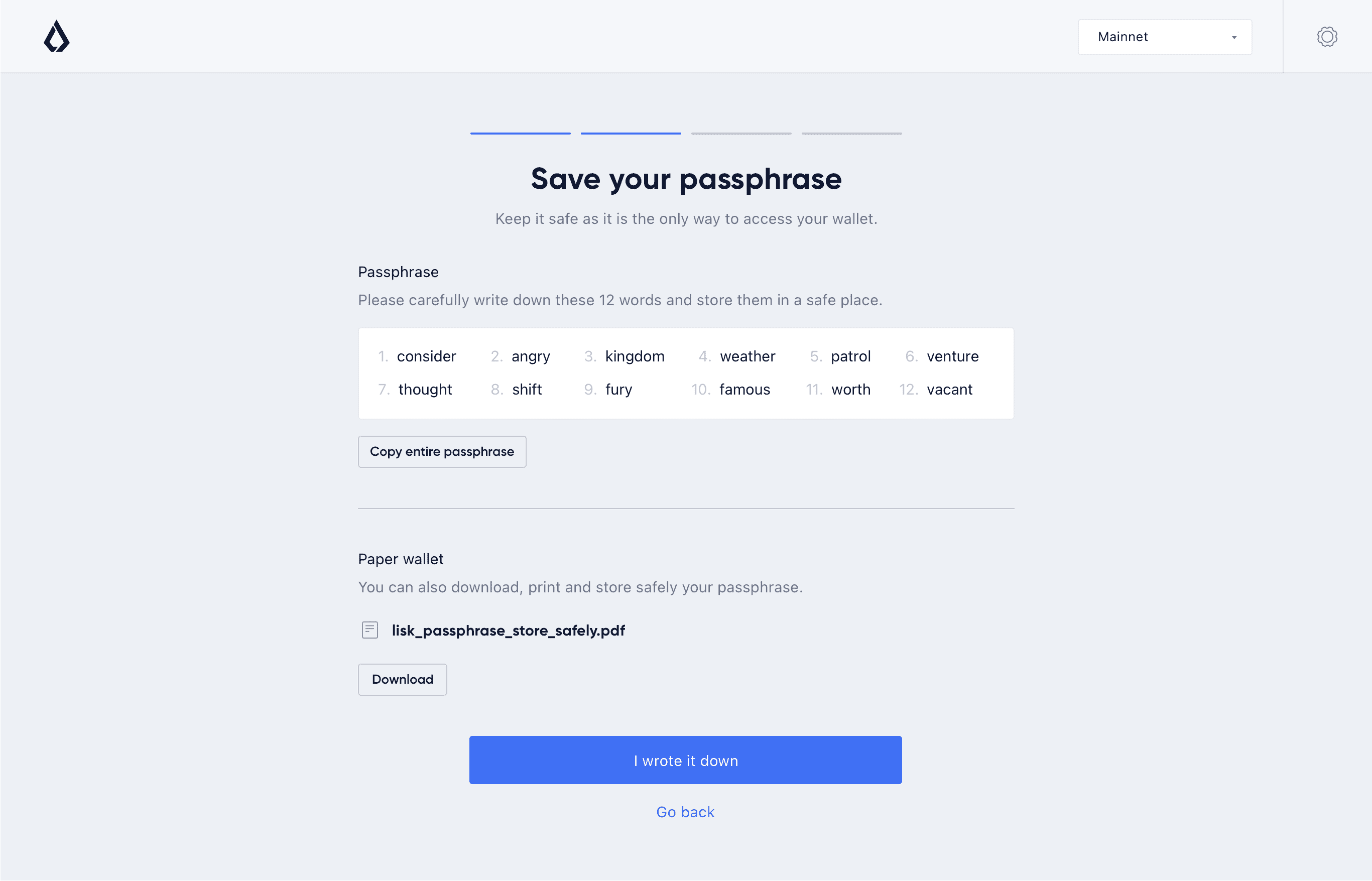 Lisk Hub, account creation passphrase saving page design