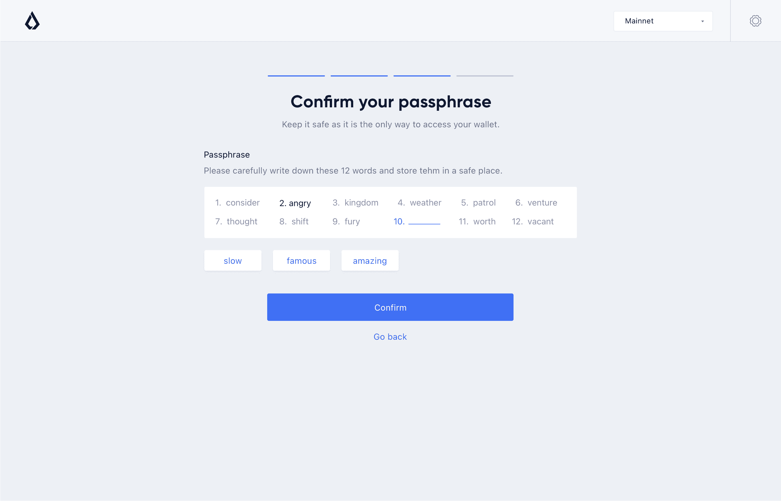 Lisk Hub, account creation passphrase confirmation page design