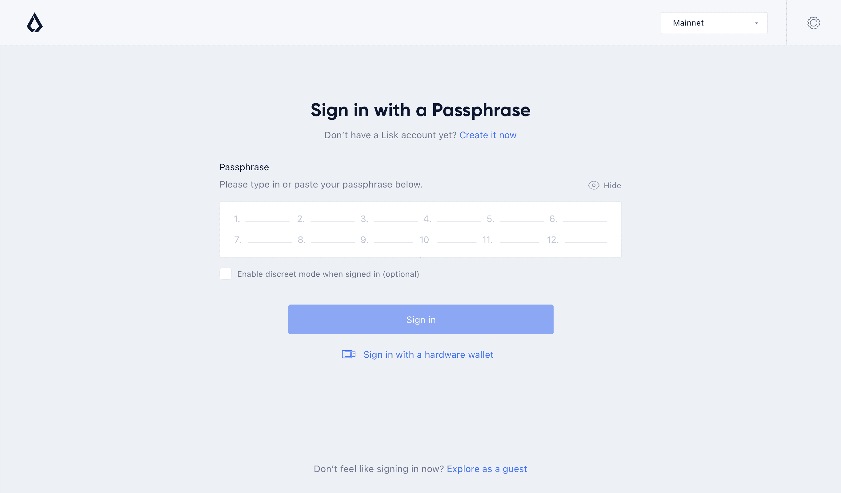 Lisk Hub, account sign-in page design