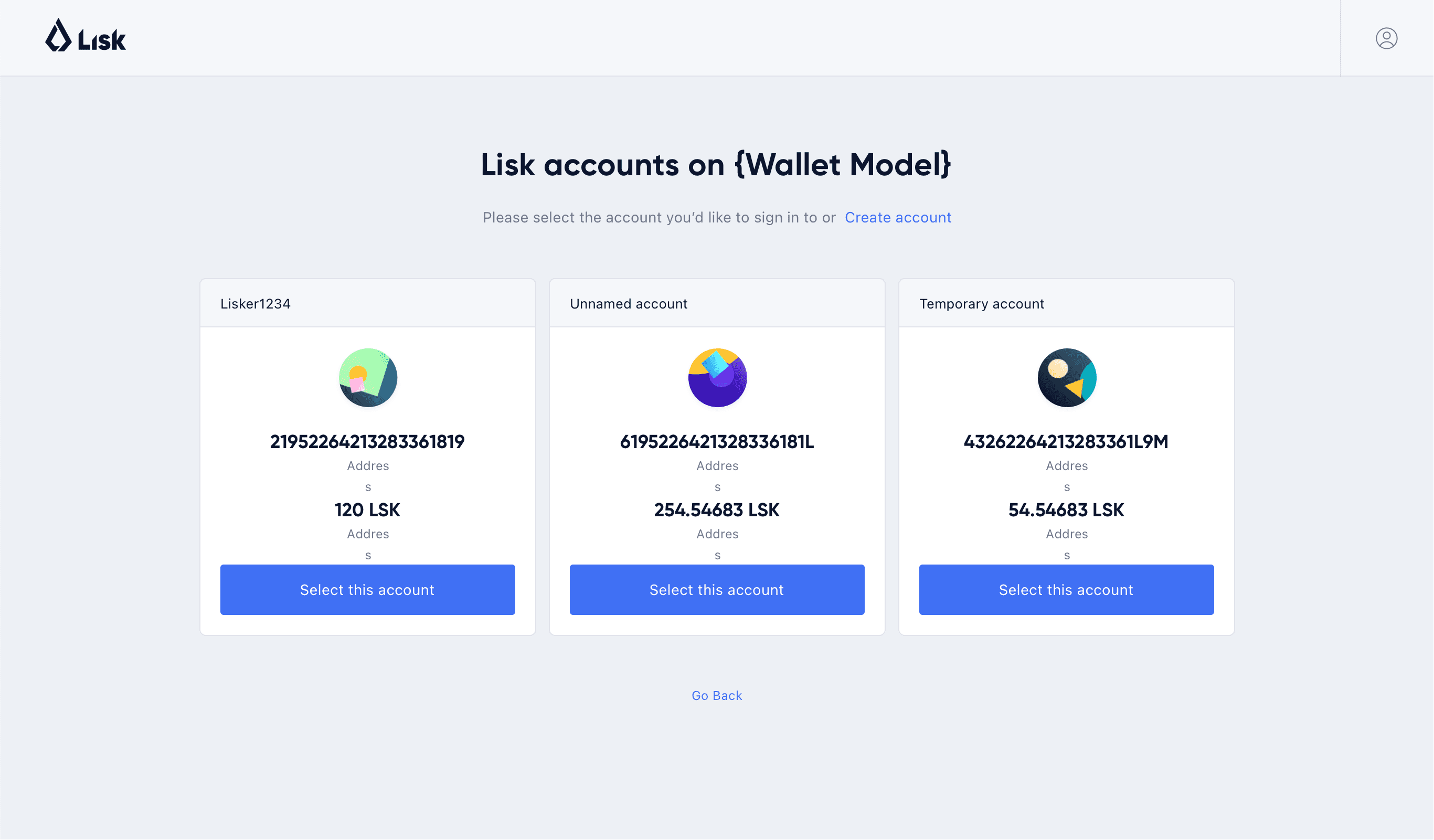 Lisk Hub, sign-in with multiple accounts page design