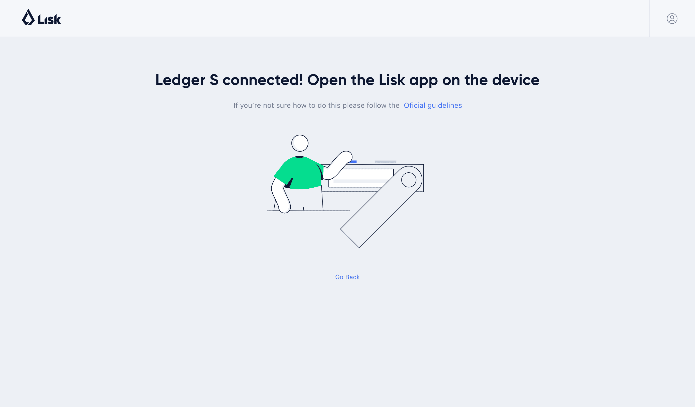 Lisk Hub, sign-in with Ledger hardware wallet page design
