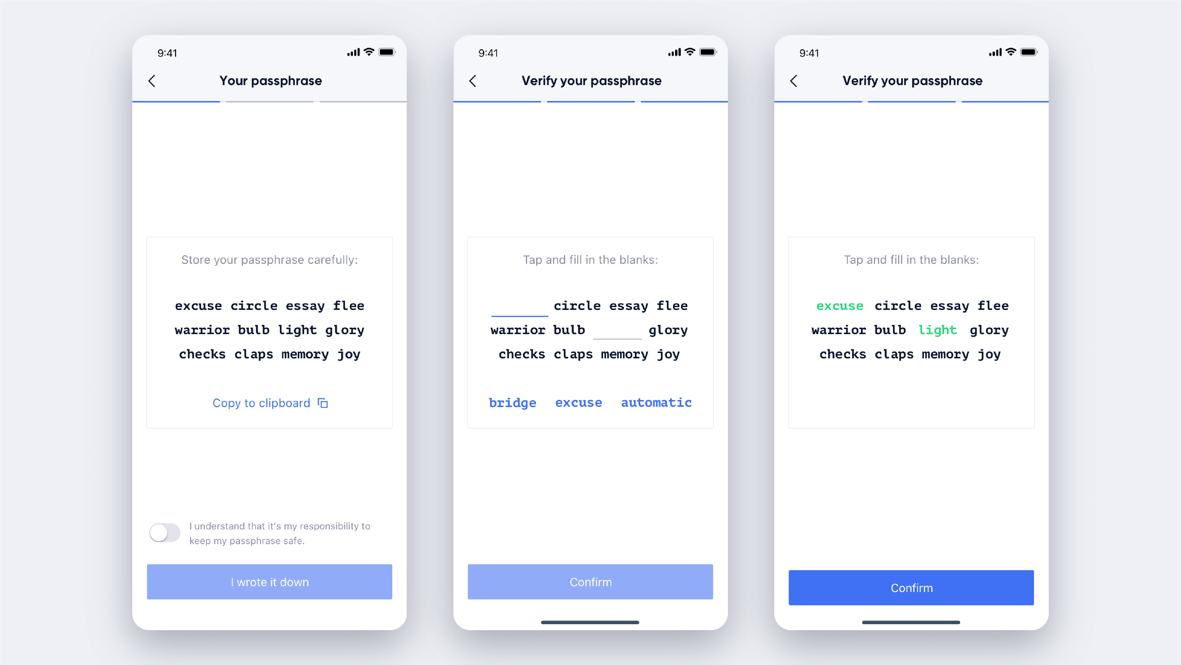 Lisk Mobile, account creation and passphrase confirmation page design