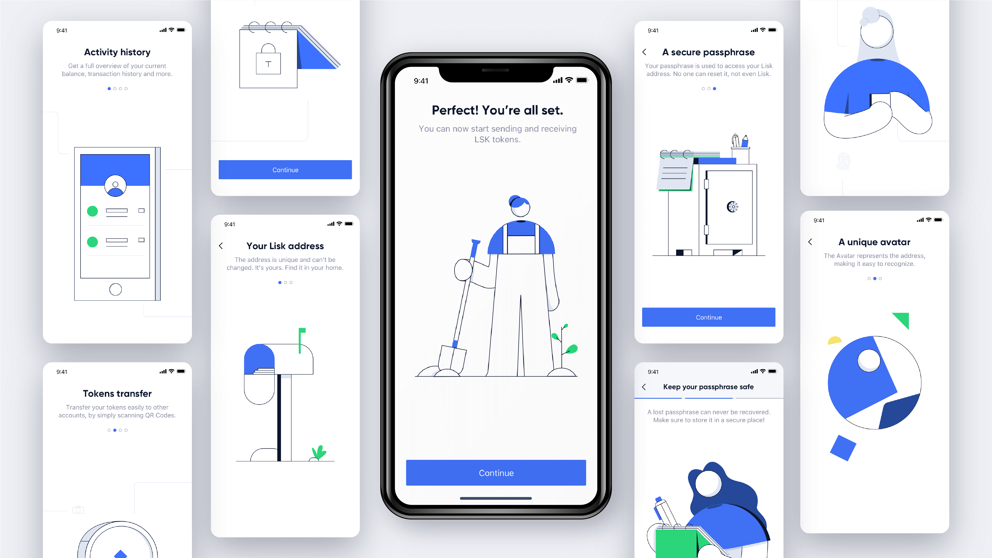 Lisk Mobile, illustration overview in several screens
