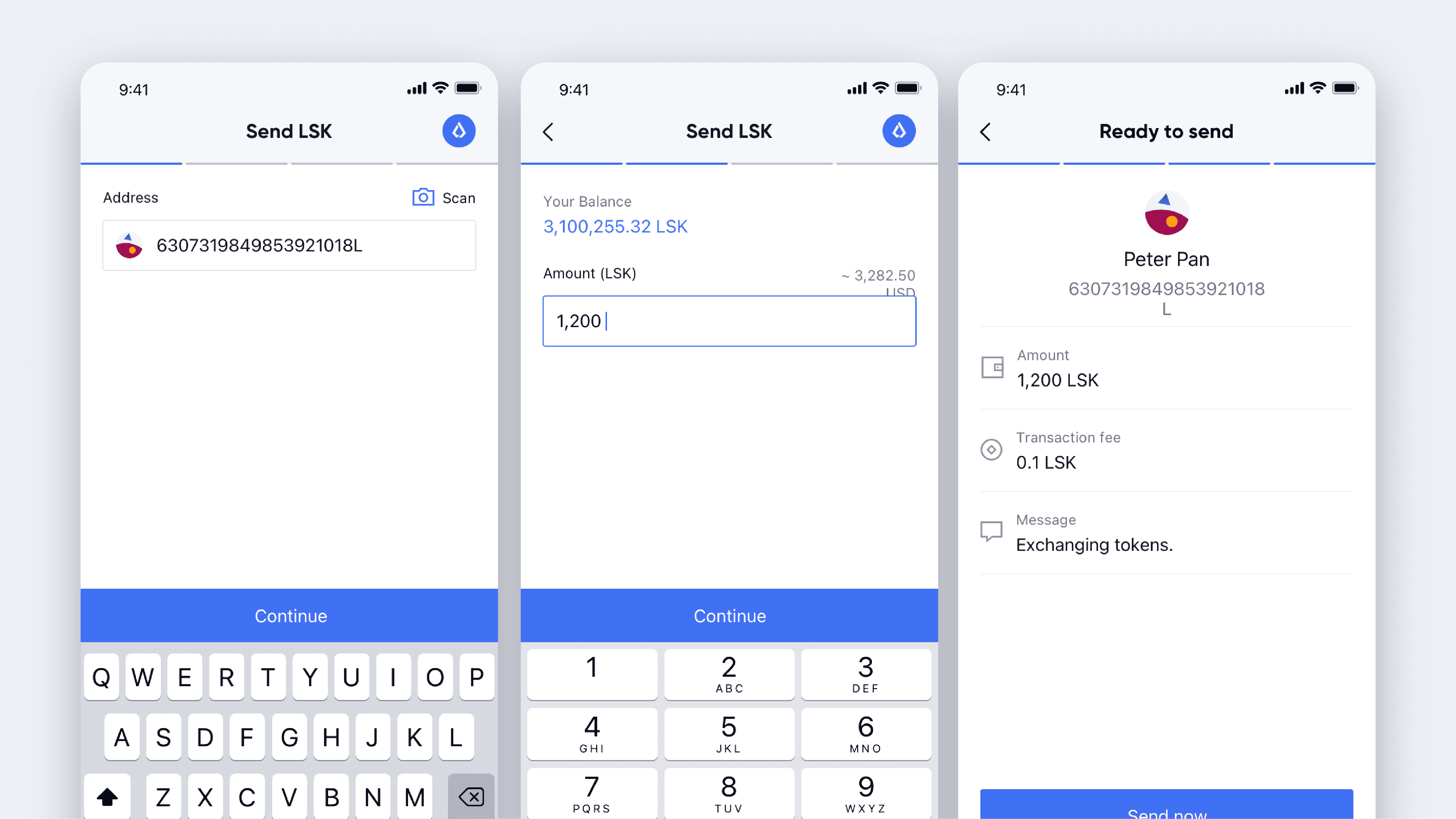 Lisk Mobile, send transaction page design
