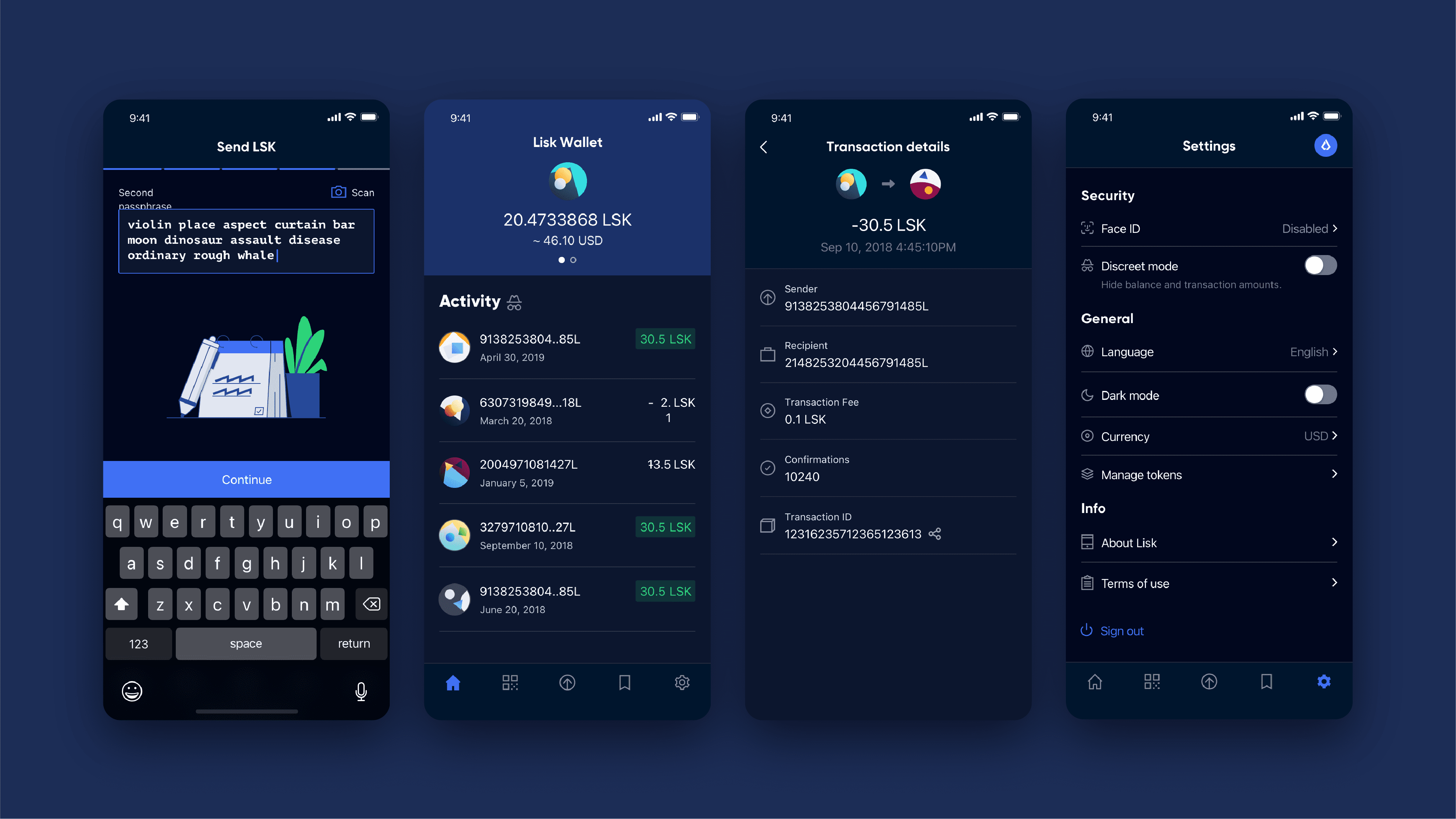 Lisk Mobile, overview of darkmode design