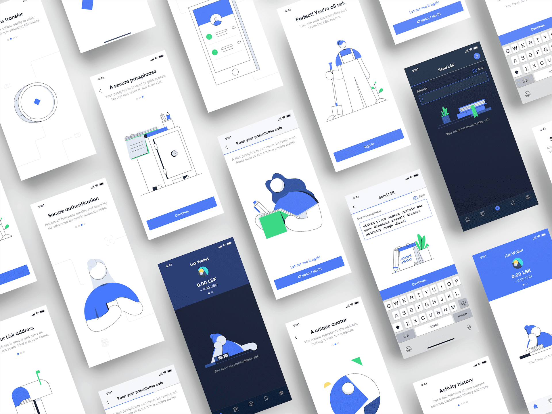Lisk Mobile, mockup with various illustrations in various screens