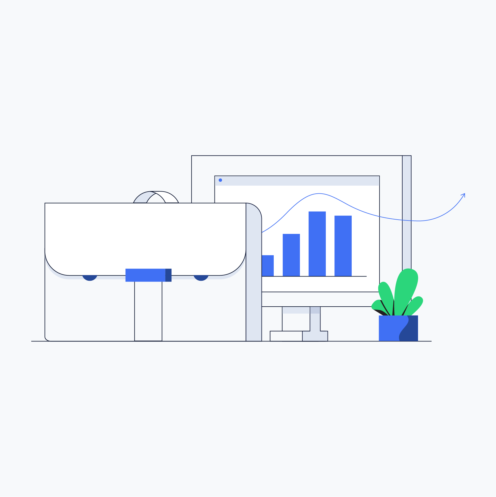 Lisk redesign, illustration about a suitcase and a computer displaying growth graph