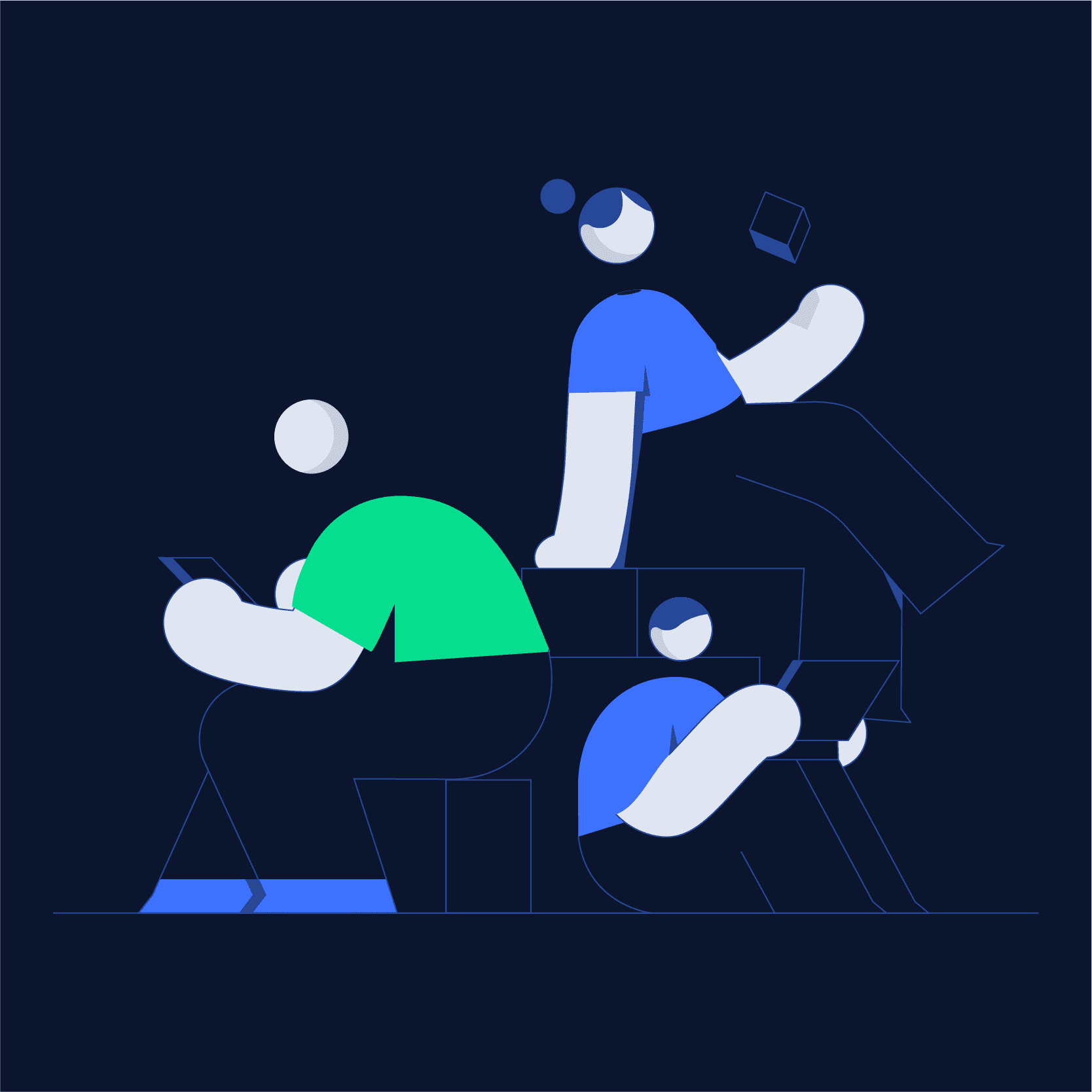 Lisk redesign, illustration about characters hanging out together in dark mode